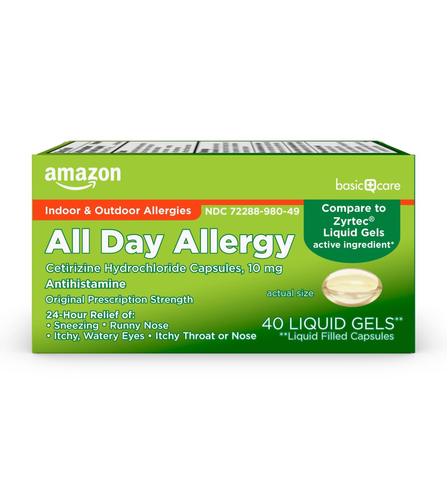 Amazon Basic Care Cetirizine Hydrochloride 10mg All Day Allergy Relief Liquid Gels - 40 Count - Buy Online on GoSupps.com