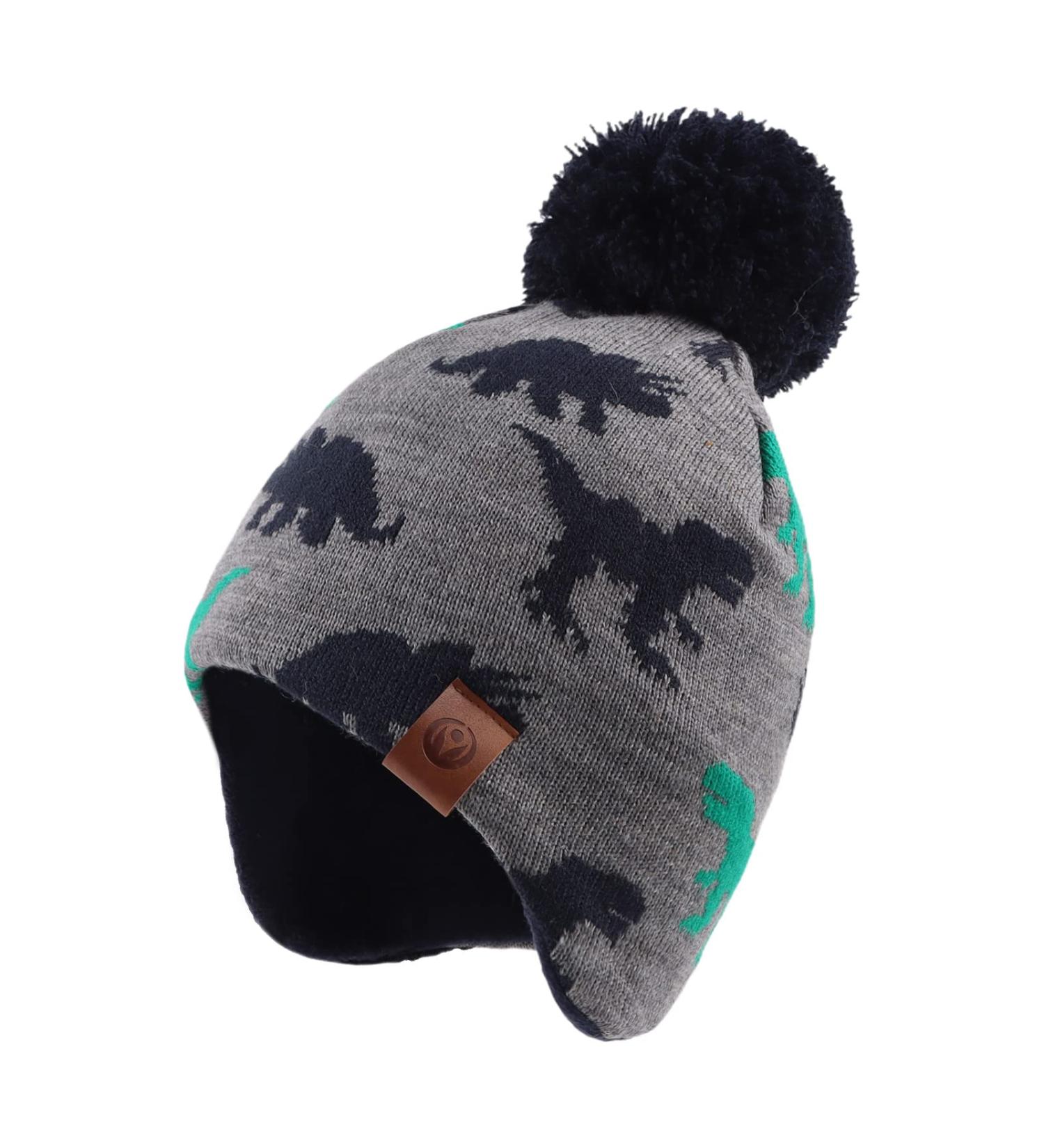 XIAOHAWANG Gray Dinosaur Hat for Kids 4-7 Years - Knitted Baby Beanie with Fleece Lining and Pompom - Buy Online on GoSupps.com