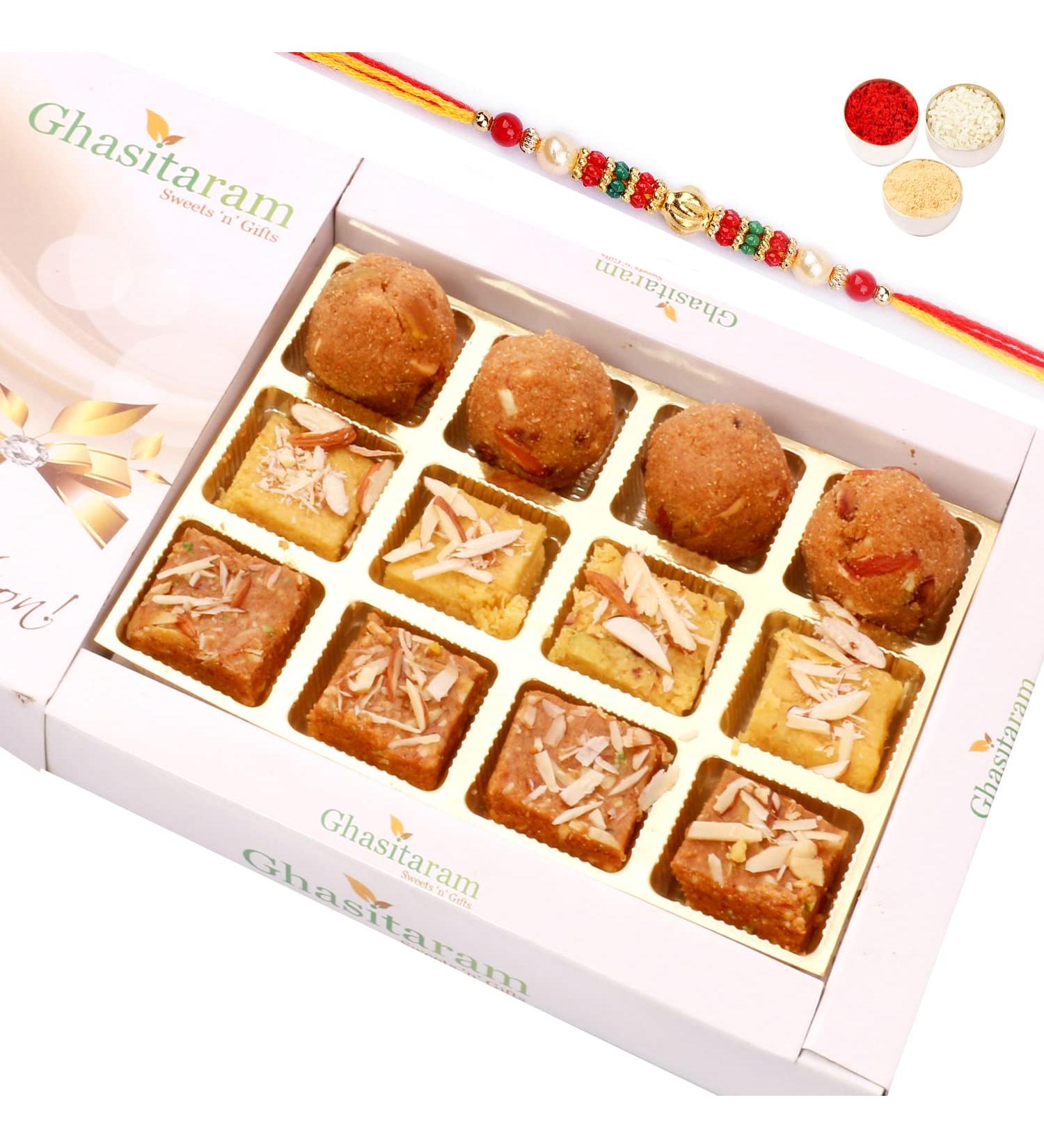 Ghasitaram Gifts Rakhi Gifts for Brothers Rakhi Sweets - North Indian Mix in White Box with Beads Rakhi - Buy Online on GoSupps.com