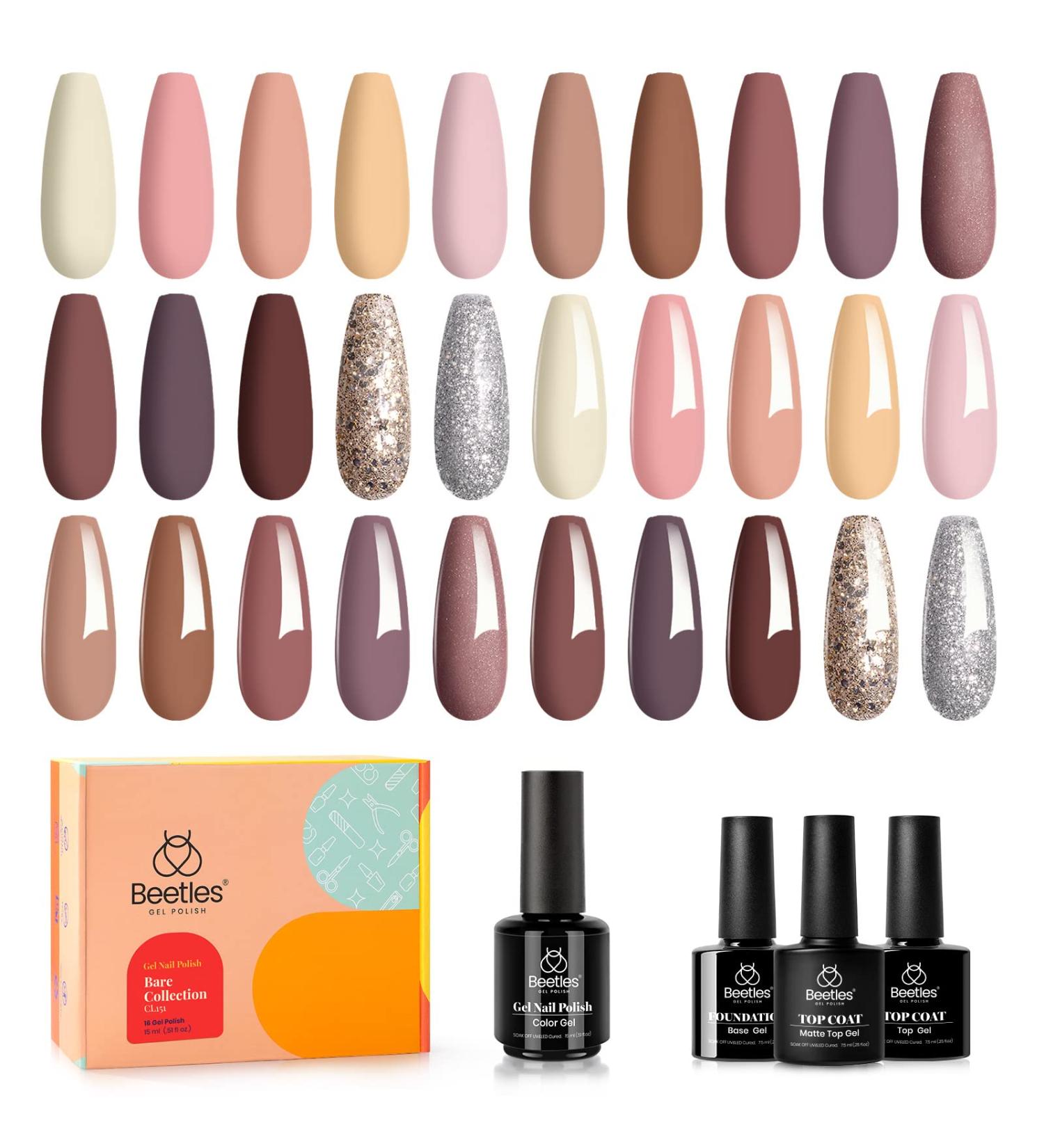 Beetles Bare Collection Gel Nail Polish Kit - Nude Pastel Pink Set with Glitter - Includes Glossy Matte Top Coat - Manicure Kit for Natural Skin Tone Nail Art - Buy Online on GoSupps.com