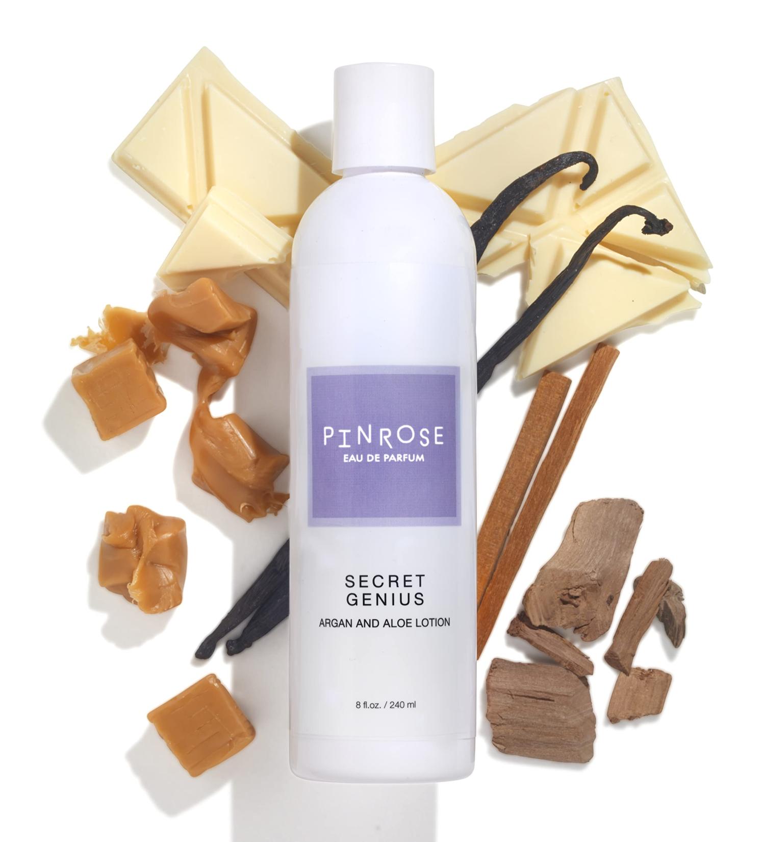 PINROSE Secret Genius Lotion - Clean Vegan Skin Moisturizer & Conditioner | Hypoallergenic Scent with Caramel Vanilla & Sandalwood - International Shipping Available - Buy Online on GoSupps.com
