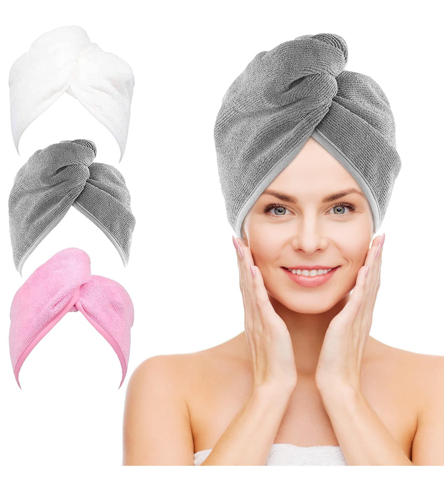 NEXCOVER Microfiber Hair Towel 3 Pack - Ultra Absorbent Hair Turbans for Women - Fast Drying Head Towels - White/Grey/Pink - 9.8 X 25.5 - Buy Online on GoSupps.com