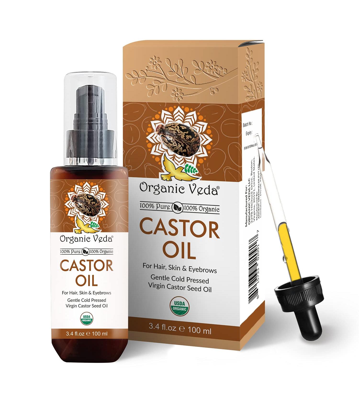 Organic Veda Pure Castor Oil - 100% Organic Cold Pressed Virgin Oil for Hair Skin Eyebrows & Nails - No Additives - 100 mL - Buy Online on GoSupps.com