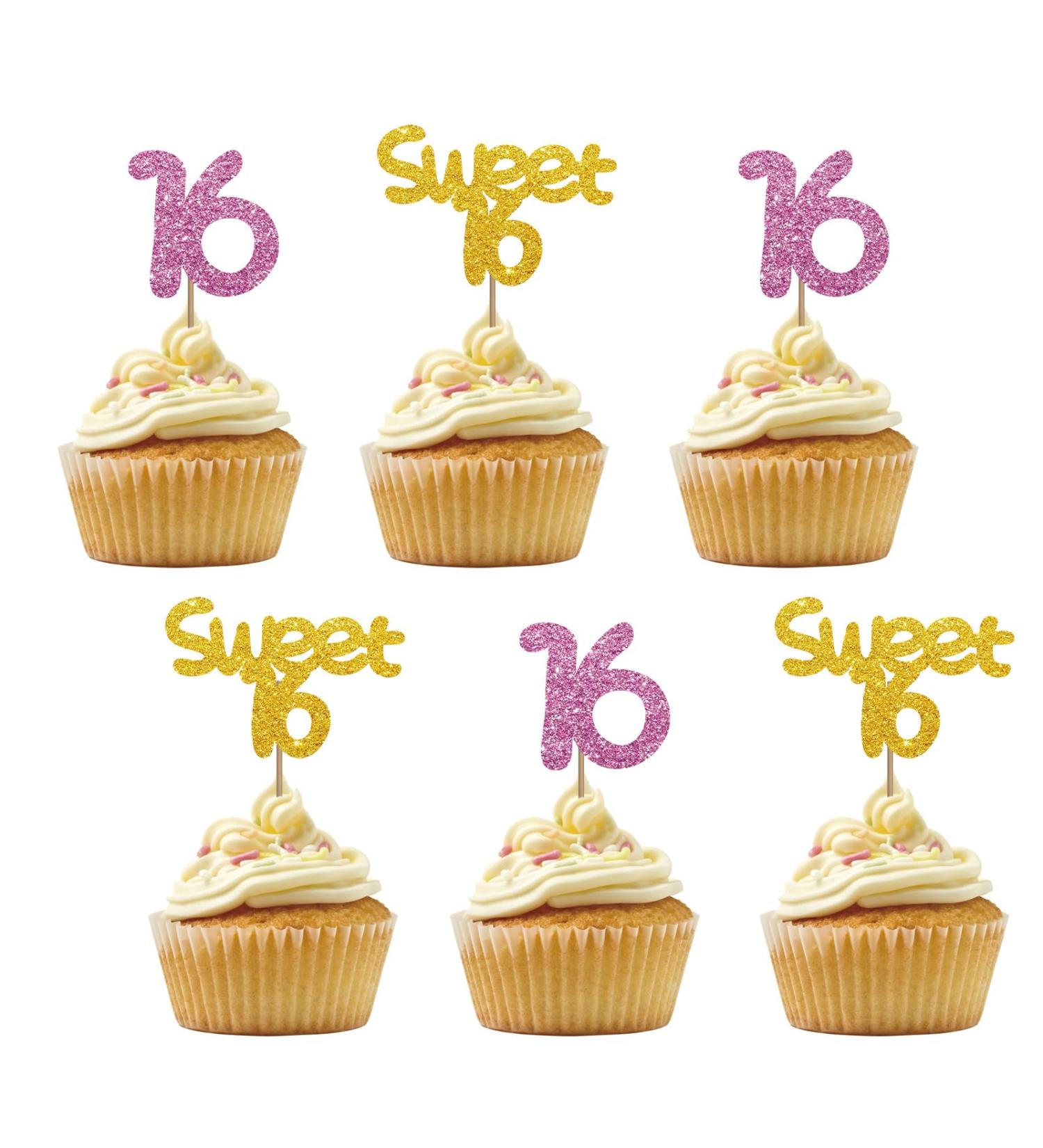 Set of 24 Sweet 16 Cupcake Toppers Pink&Gold Glitter Sweet Sixteen Cupcake Toppers for Girl Number 16 Cake Decorations for 16th Birthday/Anniversary Party Supplies - Buy Online on GoSupps.com