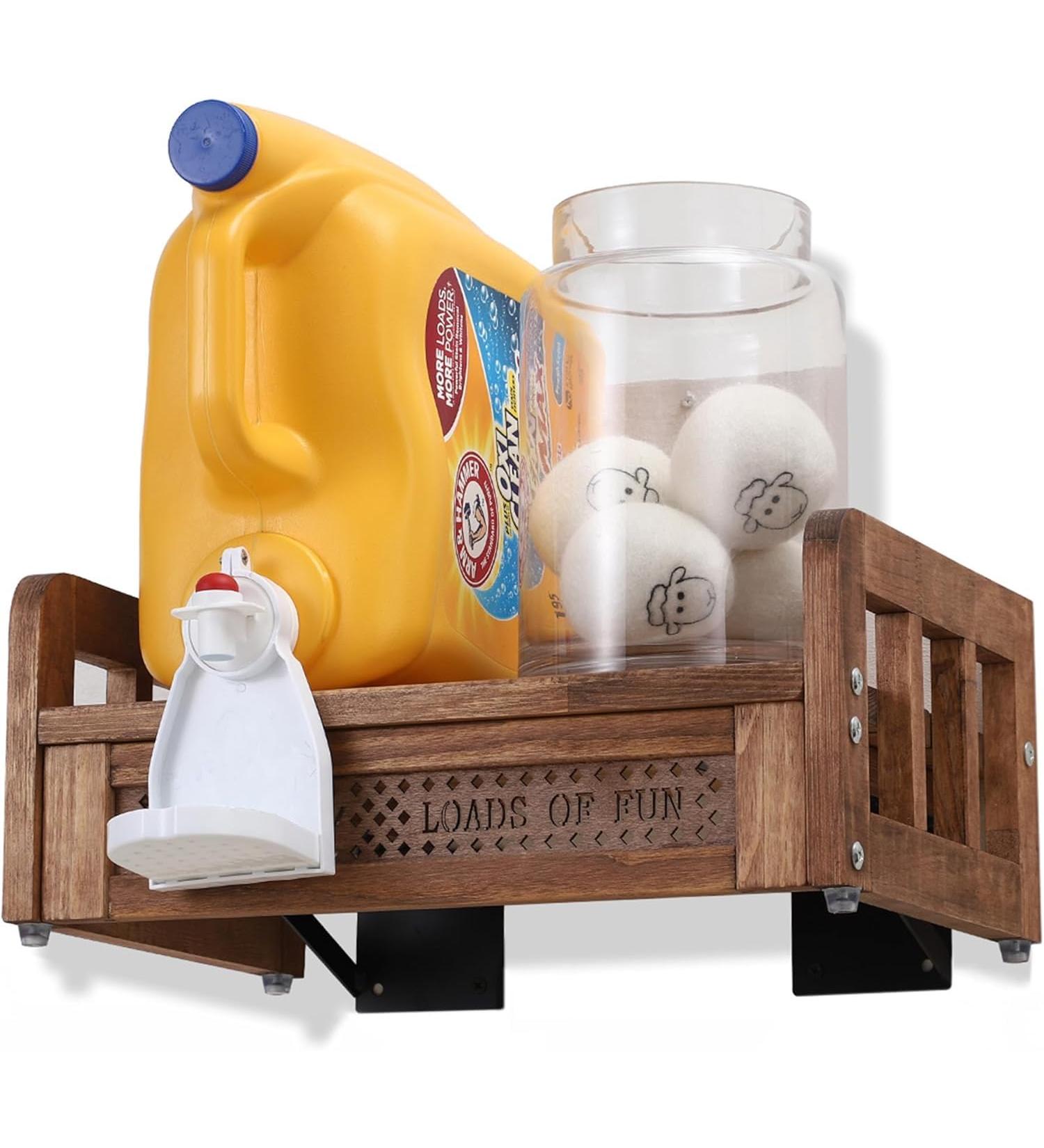 Wall-Mountable Laundry Detergent Organizer Light Brown Wooden Holder for Farmhouse Laundry Room Organization - Buy Online on GoSupps.com