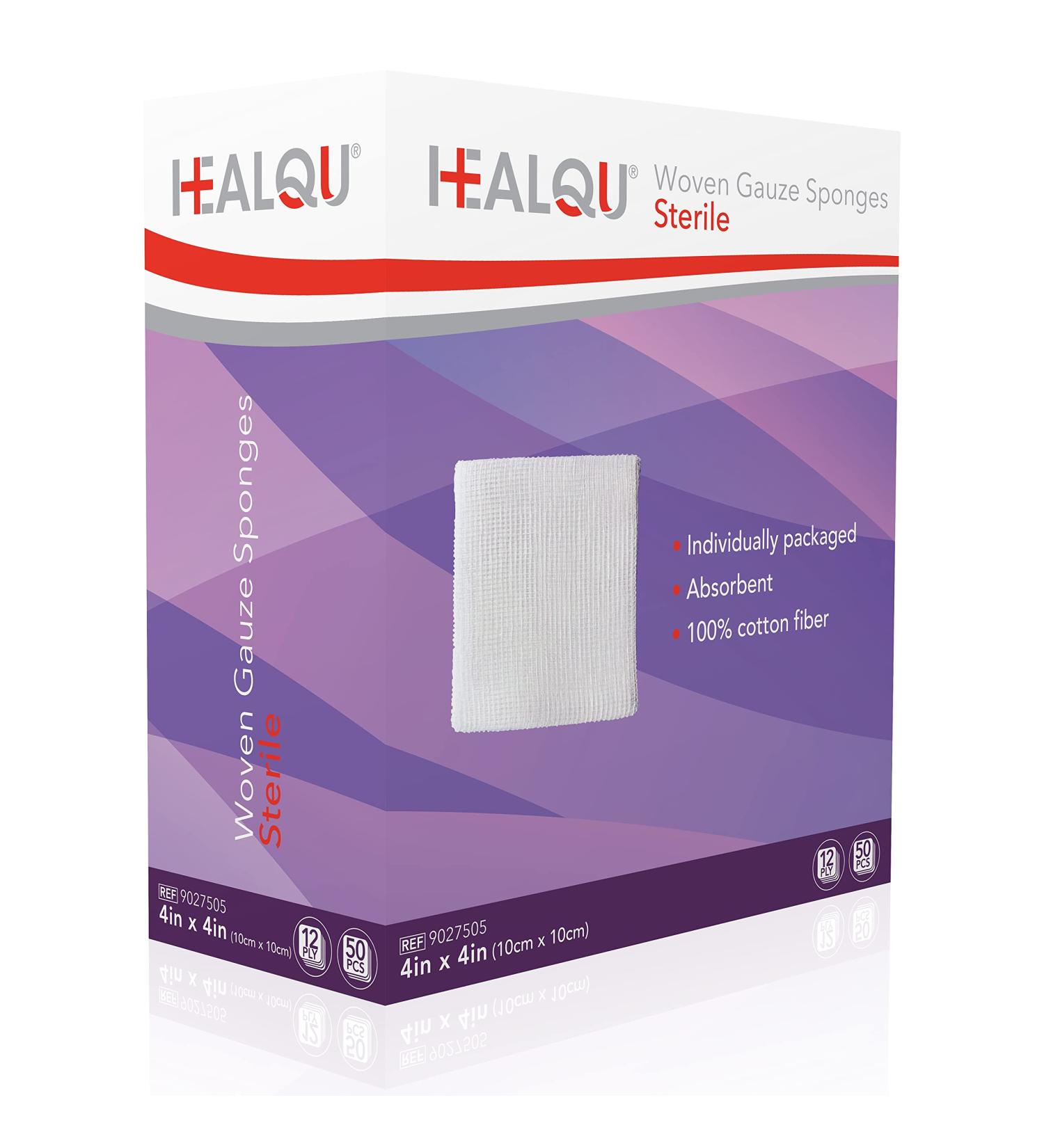 HEALQU Woven Gauze Pads 4x4 12 Ply - Sterile and Absorbent Surgical Sponges for Wound Care - 50 Pack - Buy Online on GoSupps.com
