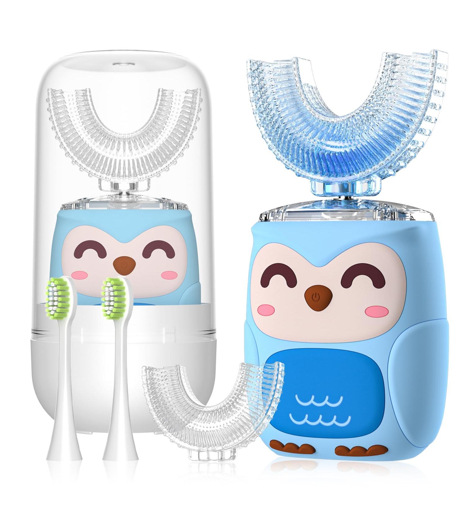 Kids Electric U Shaped Toothbrush | Sonic Toothbrush for Ages 2-7 | 4 Soft Brush Heads & 6 Cleaning Modes | Rechargeable 360 Degree Cleaning - Baby Blue - Buy Online on GoSupps.com