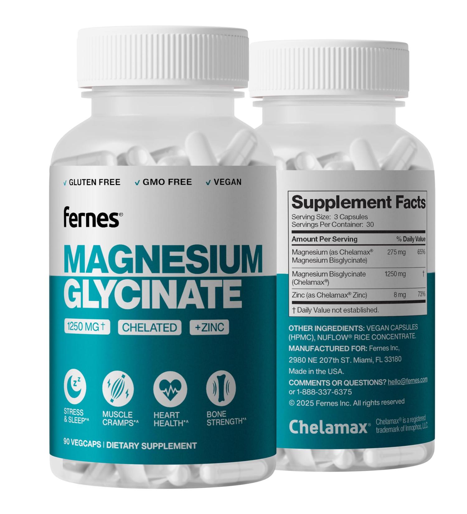 Magnesium Glycinate 1250mg with Zinc - Gentle on Stomach - Sleep Muscle Cramp Cardiovascular & Bone Support* for Women & Men - High Absorption Gluten-Free Non-GMO Vegan (90 Caps) - Made in USA - Buy Online on GoSupps.com