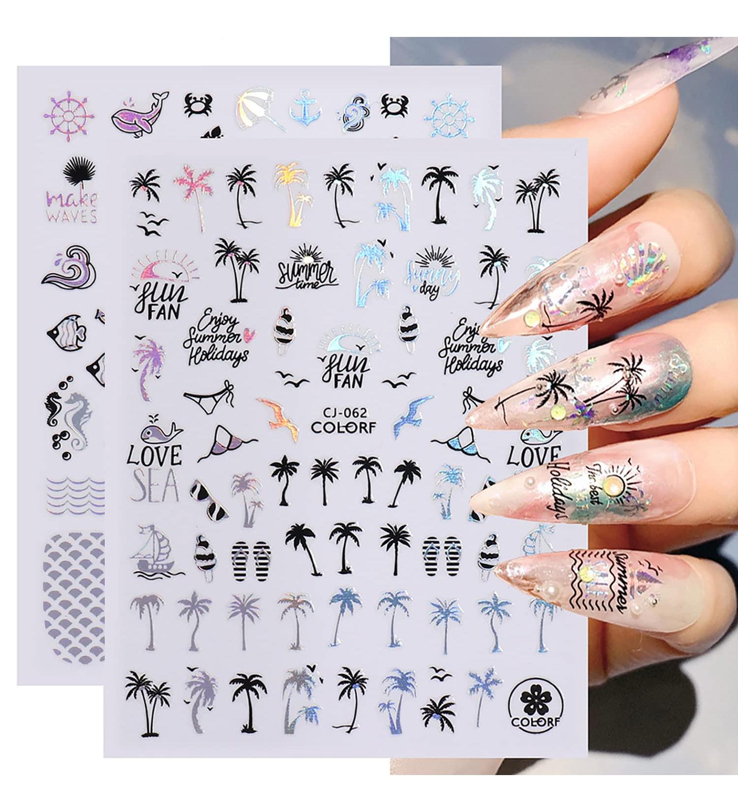 Summer Ocean Nail Art Stickers - 6 Sheets Tropical Palm Tree Decals for Women, Kids, Girls - Self-Adhesive 3D Seashell, Mermaid, Fish Designs - Acrylic Nail Decoration - Buy Online on GoSupps.com