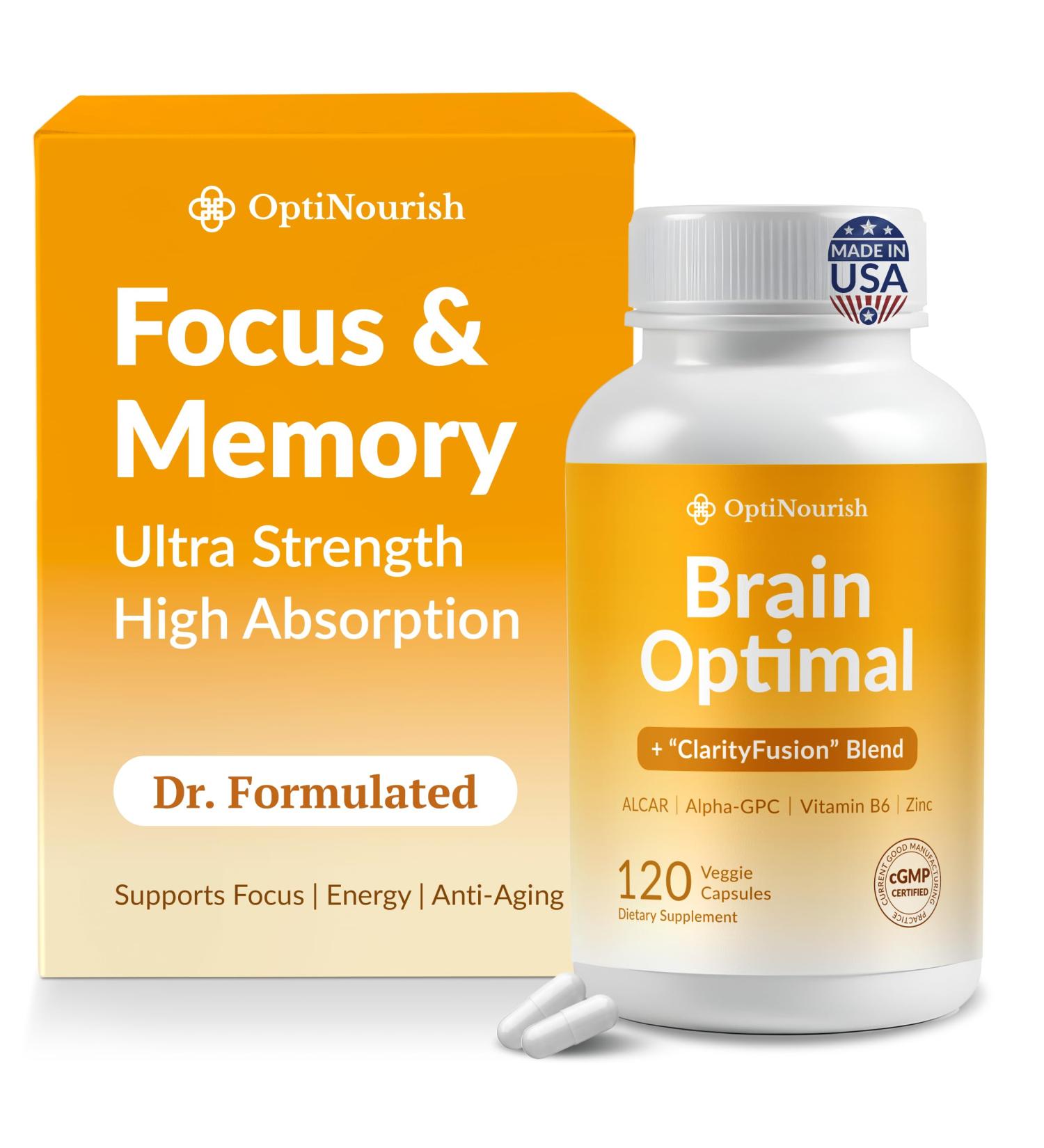 OPTINOURISH Brain Supplement for Memory and Focus Nootropic for Adults Fuel Brain Energy & Mental Clarity Caffeine Free Cognitive Support Doctor-Formulated Made in USA cGMP 120 Caps - Buy Online on GoSupps.com