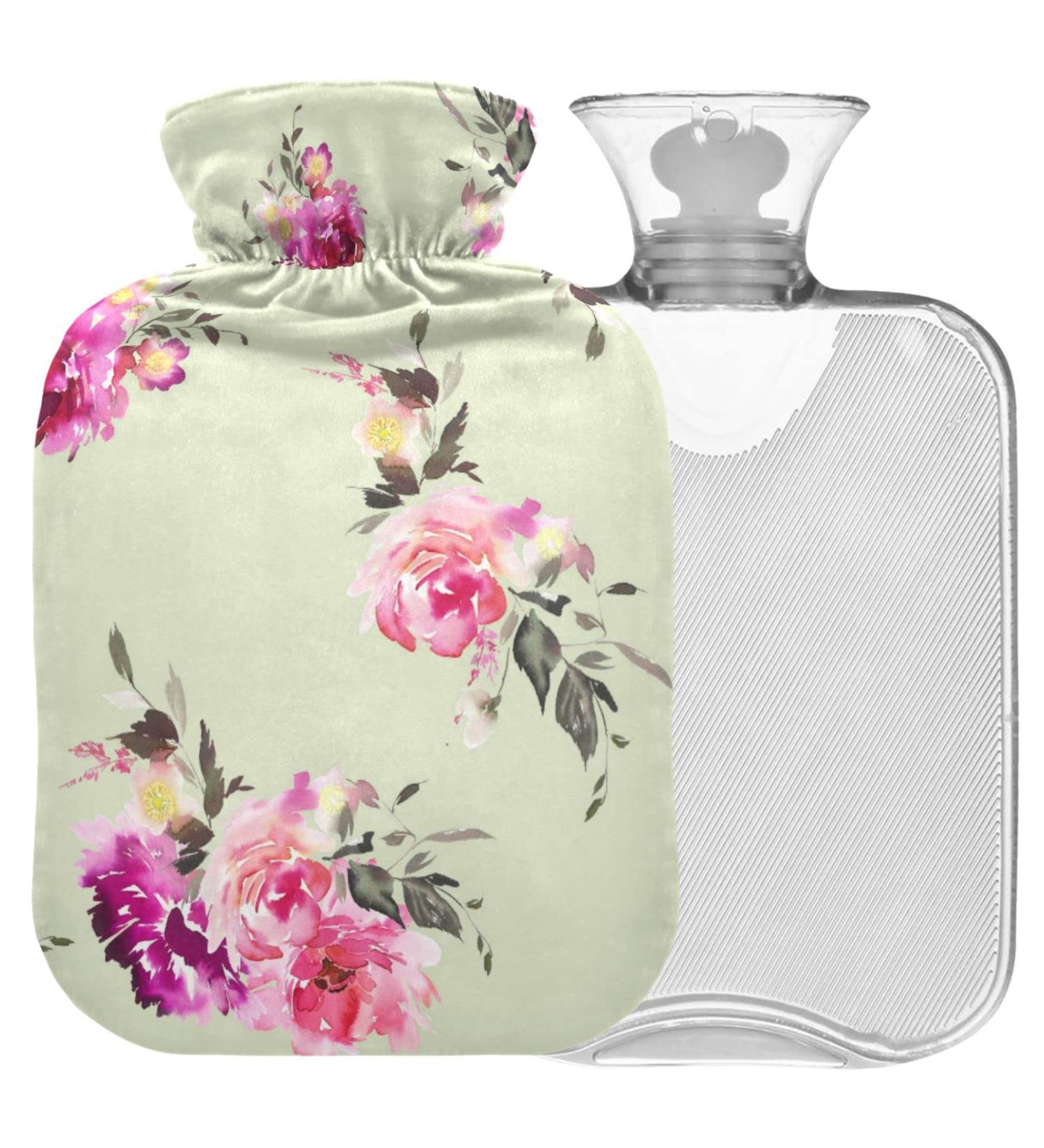 NAANLE 2L Hot Water Bottle with Watercolor Flower Cover - Relieve Back Pain & Enhance Heat Therapy - Transparent Design for Hand & Neck Comfort - Buy Online on GoSupps.com
