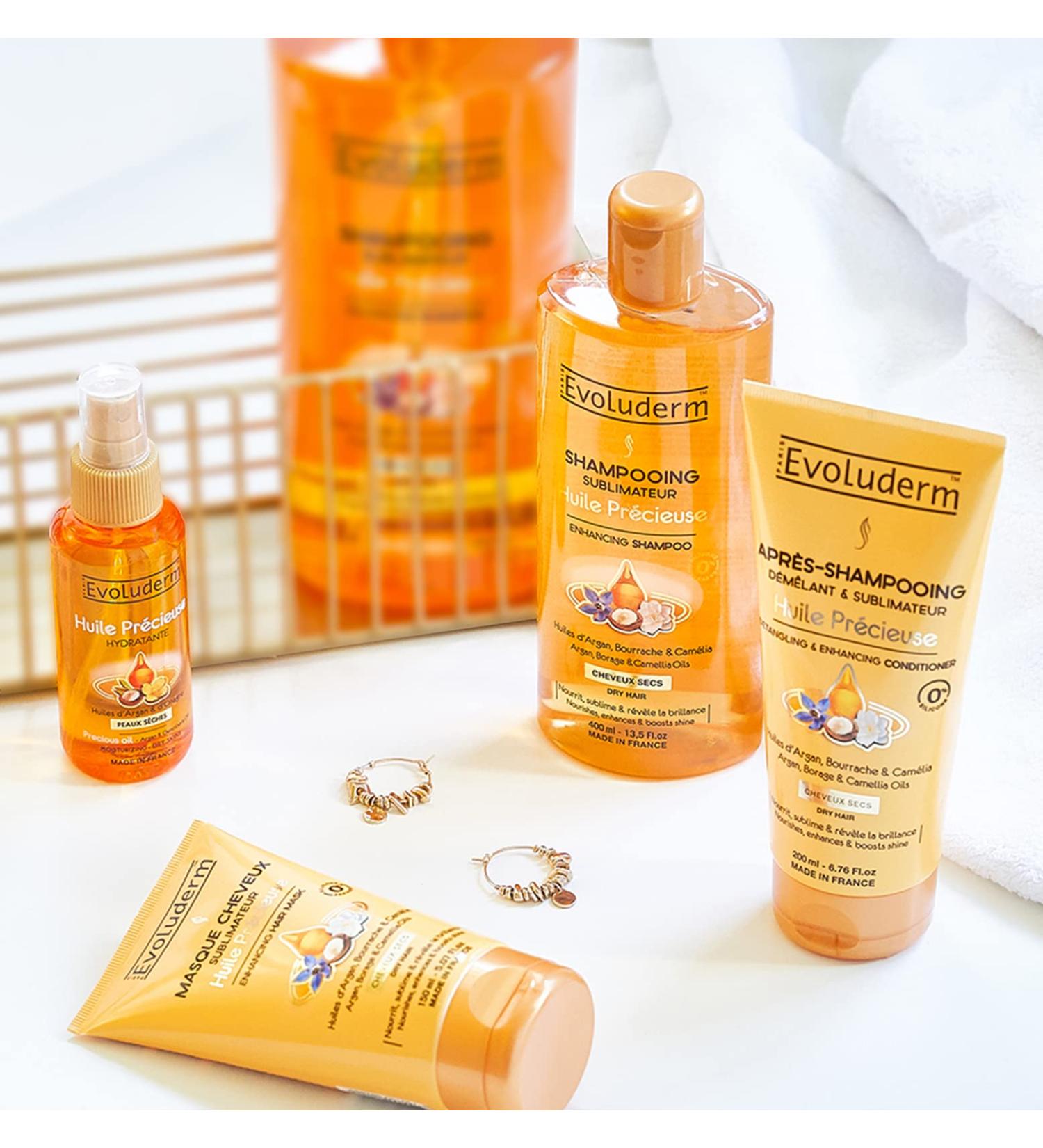  Evoluderm Evoluderm Precious Oil Hair Ritual - 1 x 400ml Enhancing Shampoo - 1 x 200ml Detangling & Enhancing Conditioner - 1 x 150ml Enhancing Hair Mask - 1 x 100ml Moisturizing Oil - Made in France - Buy Online on GoSupps.com