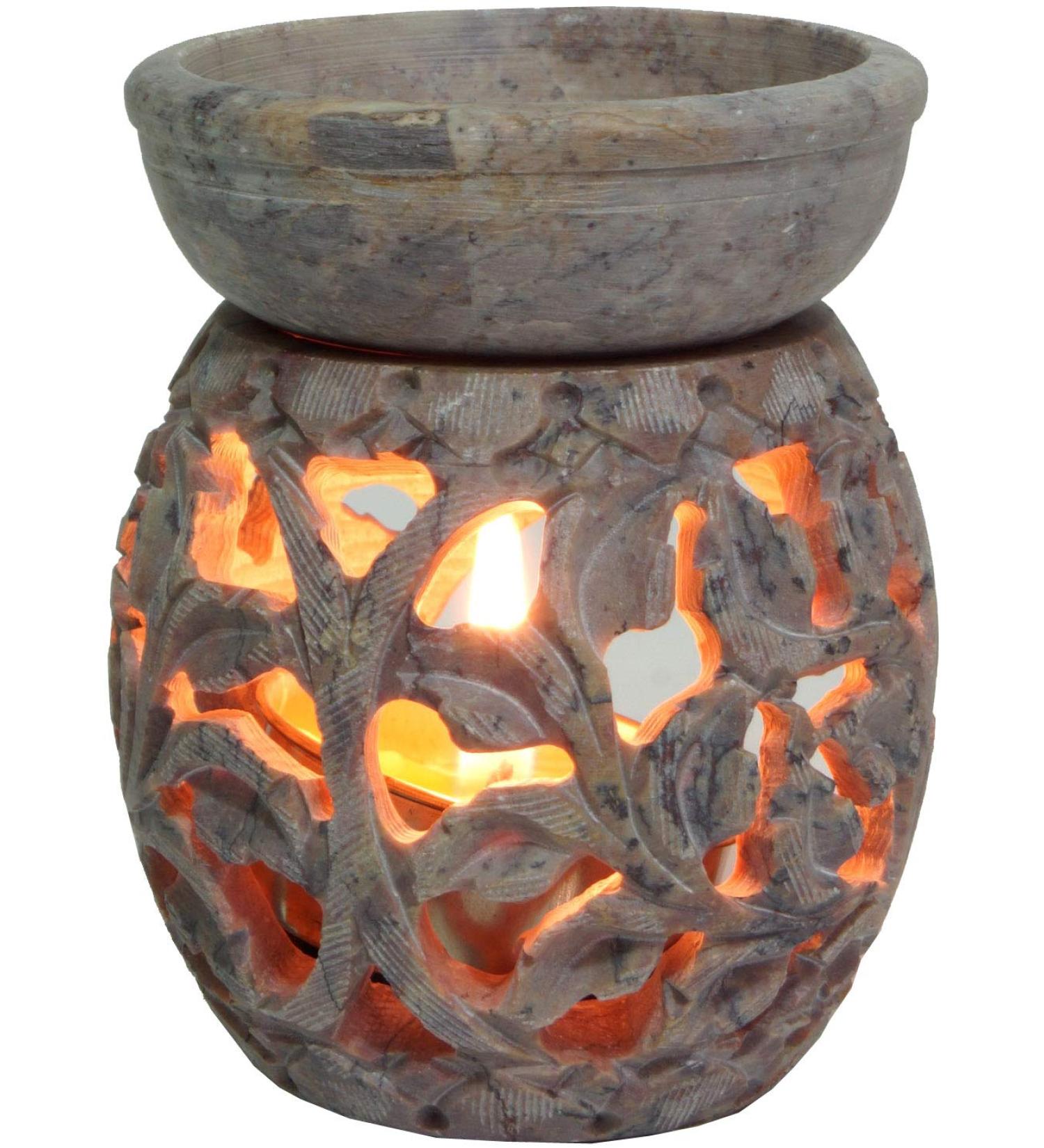 GURU Shop Indian Fragrance Lamp | Essential Oil Diffuser & Tealight Holder | Aromatherapy Aroma Lamp | Spill Stone Round Flower Tendril 1 (Cream White 8x6x6 cm) - Buy Online on GoSupps.com