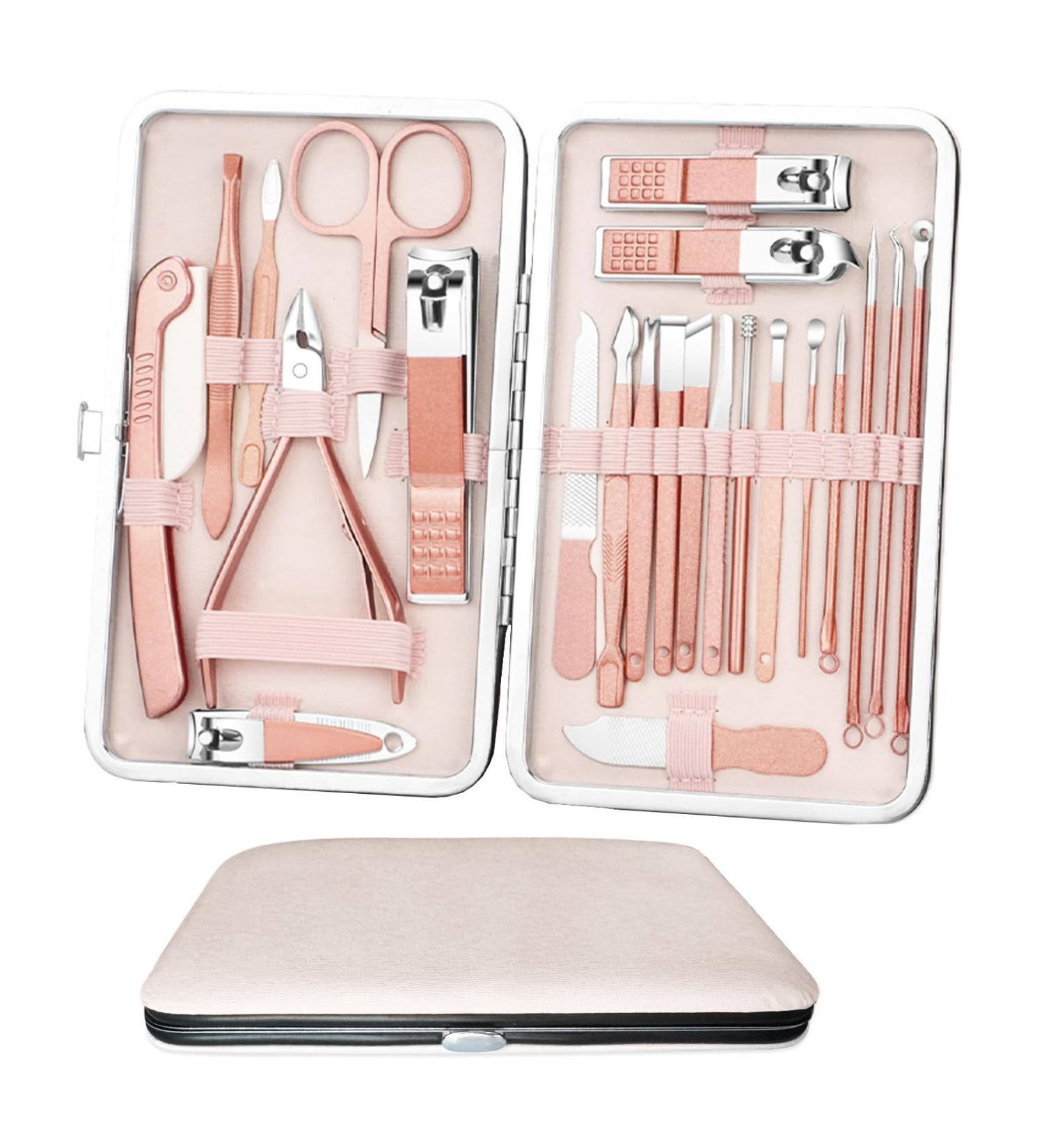 Acehome Nail Clipper Manicure Set 23 In 1 Stainless Steel Professional Pedicure Kit Nail Scissors Grooming Kit with Pink PU Leather Case for Travel & Home Use (Pink Leather) Pink-23 - Buy Online on GoSupps.com