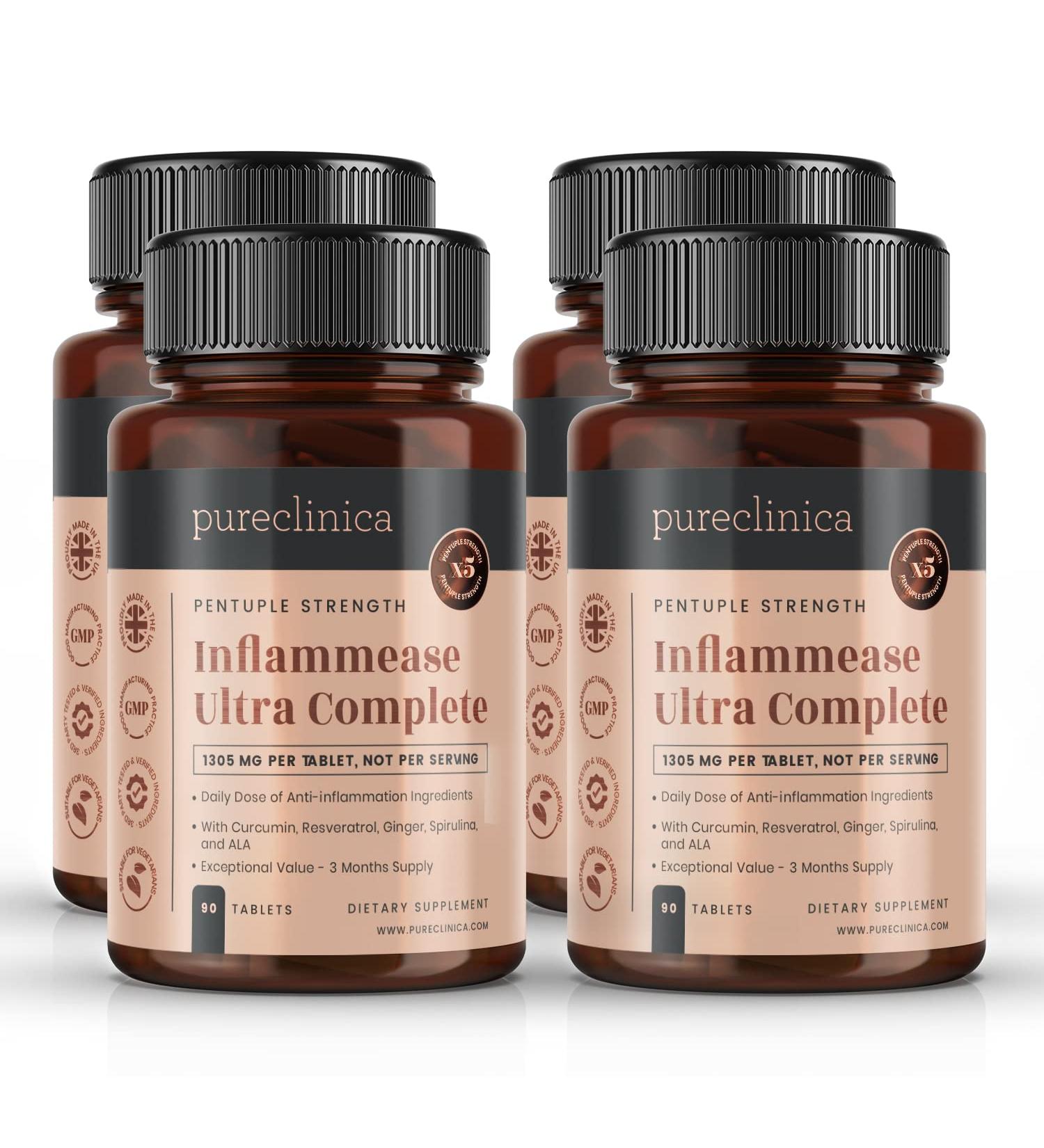 INFLAMMEASE Ultra Complete 1305mg x 360 Tablets - 5-in-1 Supplement with Ginger, Curcumin, Spirulina, ALA & Resveratrol | Pack of 4 Bottles of 90 Tablets - Buy Online on GoSupps.com