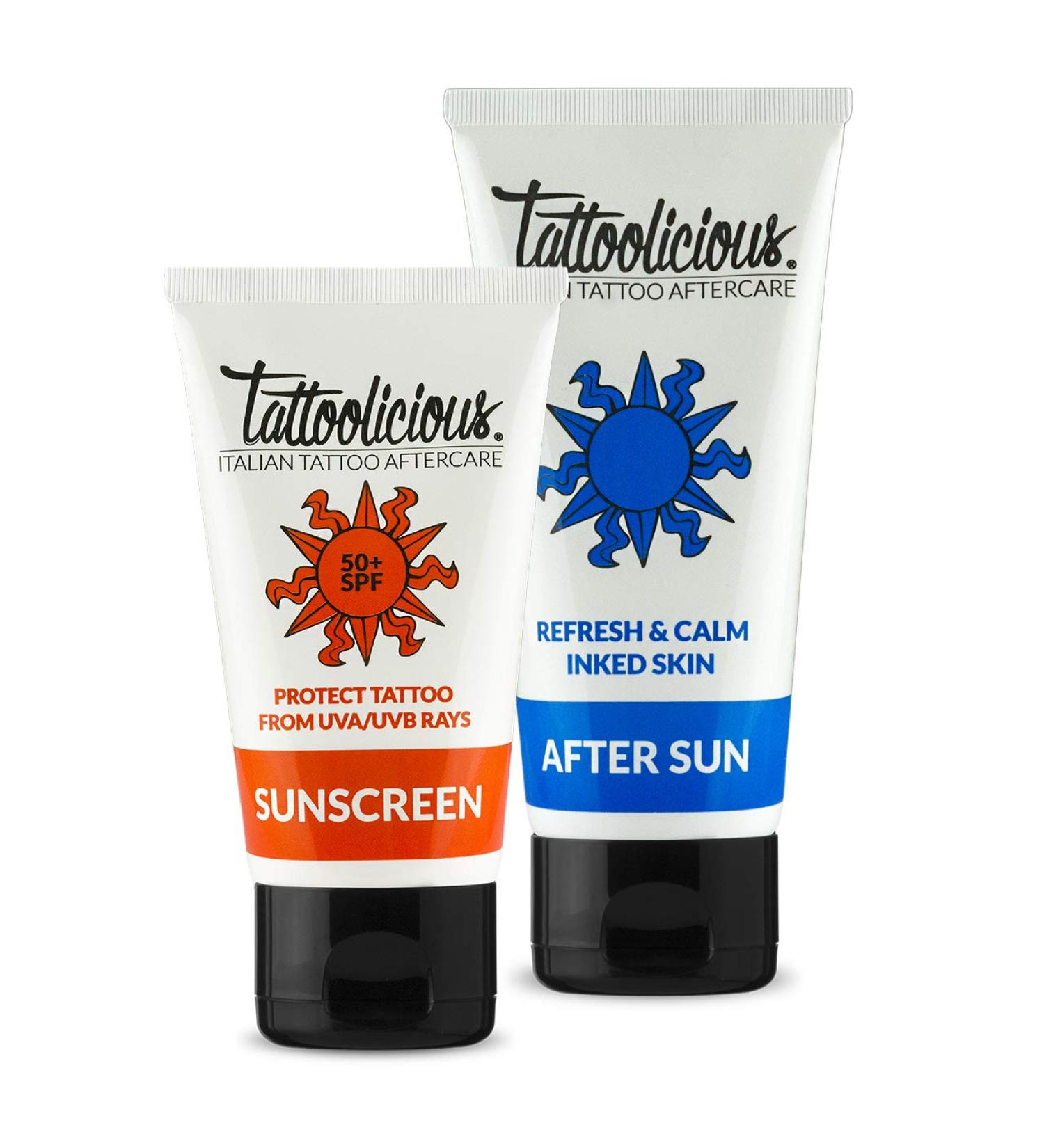 Tattoolicious COMBO SUN - SUNSCREEN 50+SPF Sun protection for tattoos 75 ml + AFTER SUN After-sun cream for tattoos 100 ml - Anti-aging with organic active ingredients. - Buy Online on GoSupps.com