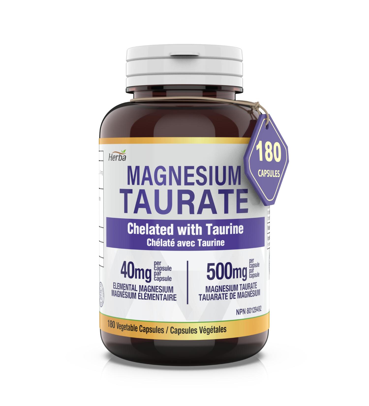 Herba Magnesium Taurate Supplement 500mg 180 Vegetable Capsules | Chelated with Taurine for Bioavailability | 40mg of Elemental Magnesium Per Capsules | Made in Canada - Buy Online on GoSupps.com