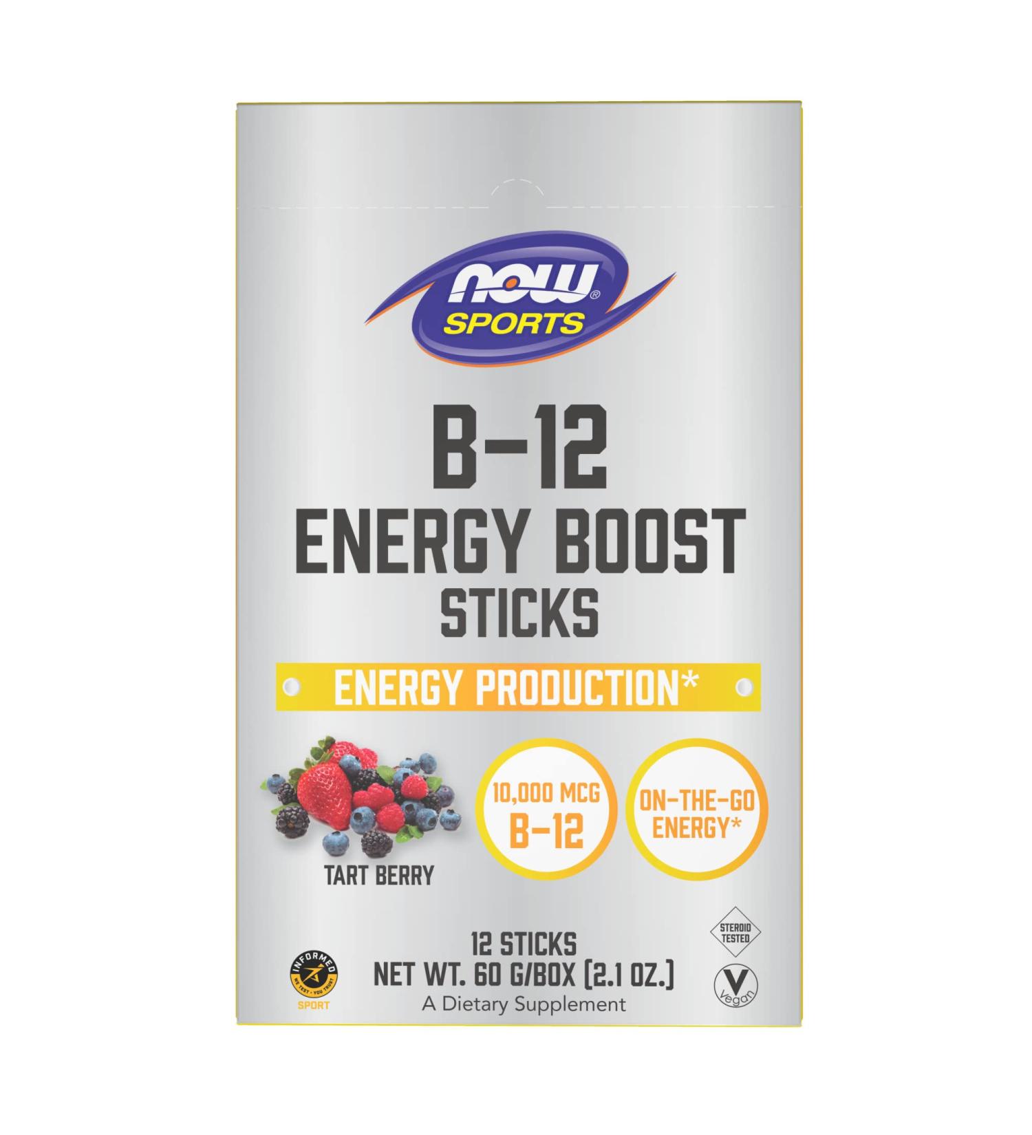 Now Foods Sports B-12 Energy Boost Sticks - Tart Berry 10000 mcg | 12 Sticks (2.1 oz) - Buy Online on GoSupps.com