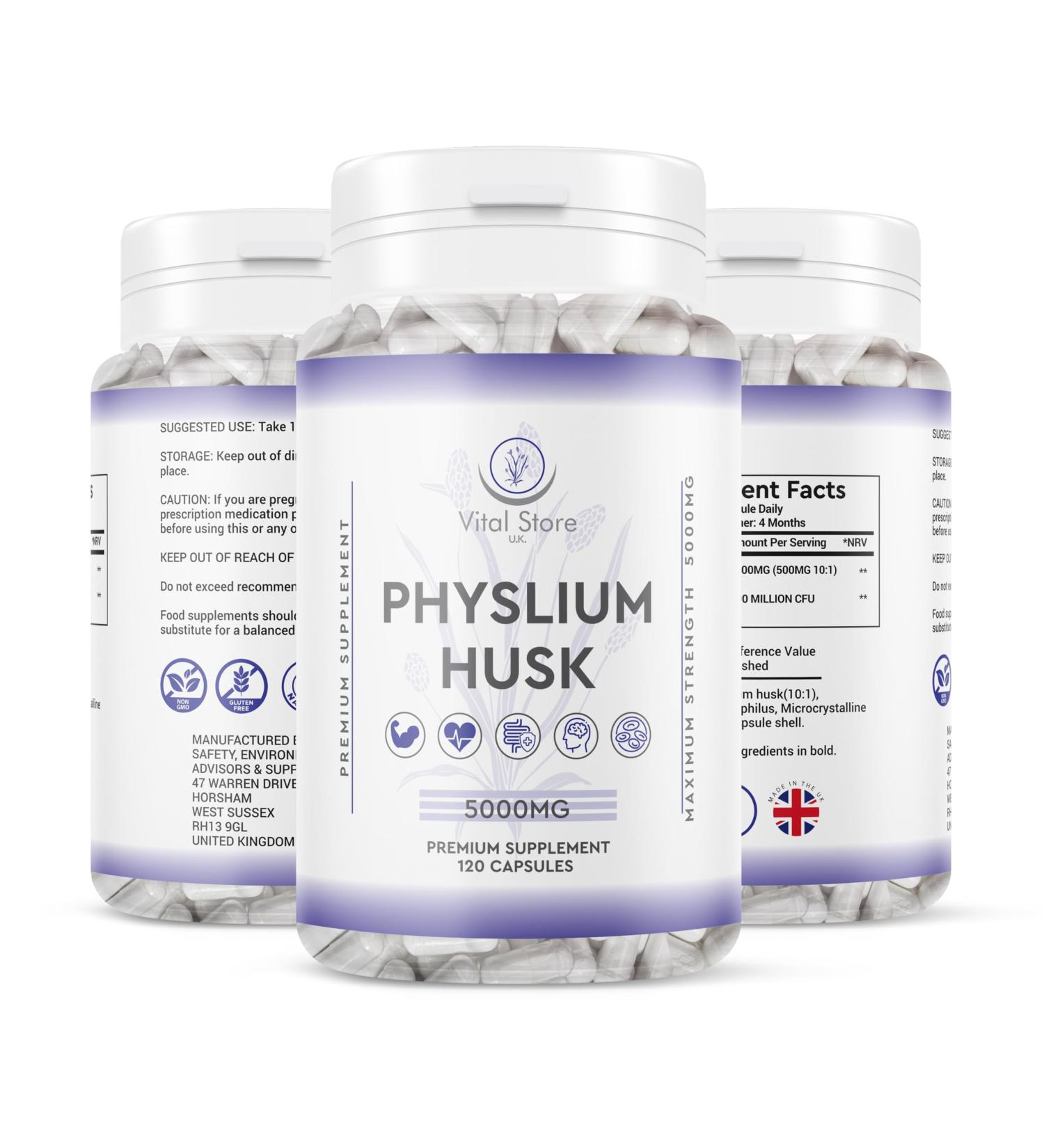 Physlium Husk 5000mg - 4 Month Supply 120 Capsules - Vegan Physlium Husk - Buy Online on GoSupps.com