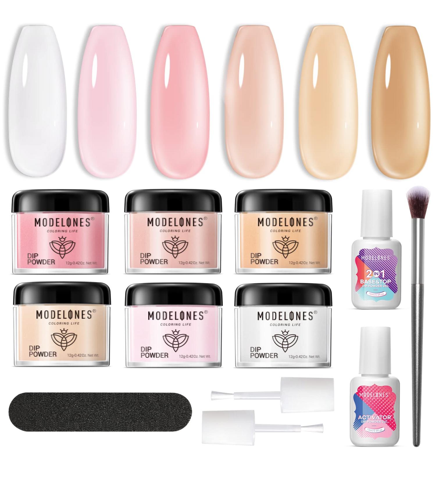 Modelones Dip Powder Nail Kit - 6 Translucent Colors, 12 Pcs, Base & Top Coat - DIY French Nail Art - Buy Online on GoSupps.com