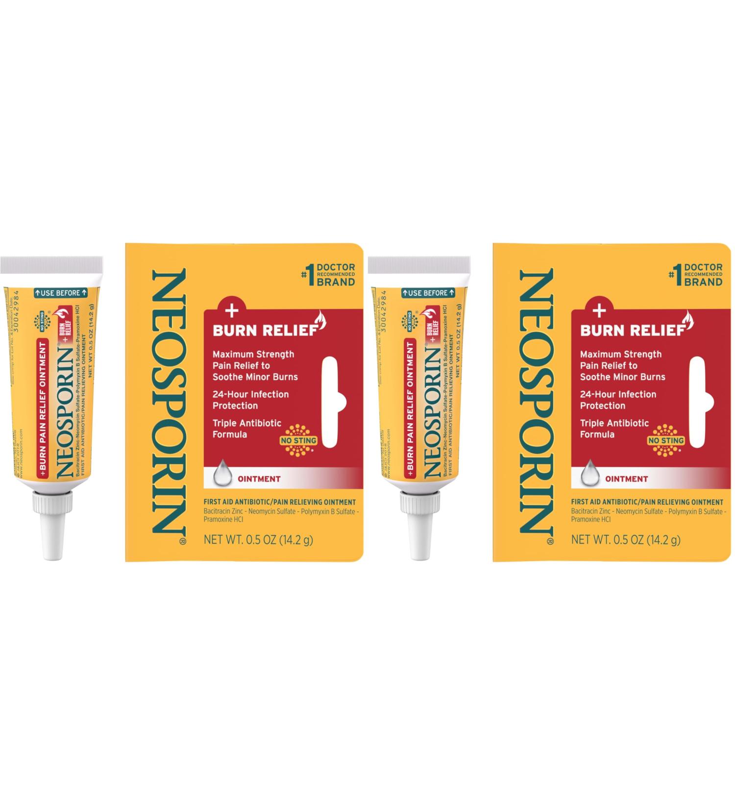 Neosporin Dual Action Burn Relief & First-Aid Antibiotic Ointment for 24-Hour Infection Protection & Maximum Strength Burn Pain Relief Made with Bacitracin Zinc Neomycin & Pramoxine HCl .5 oz - Buy Online on GoSupps.com