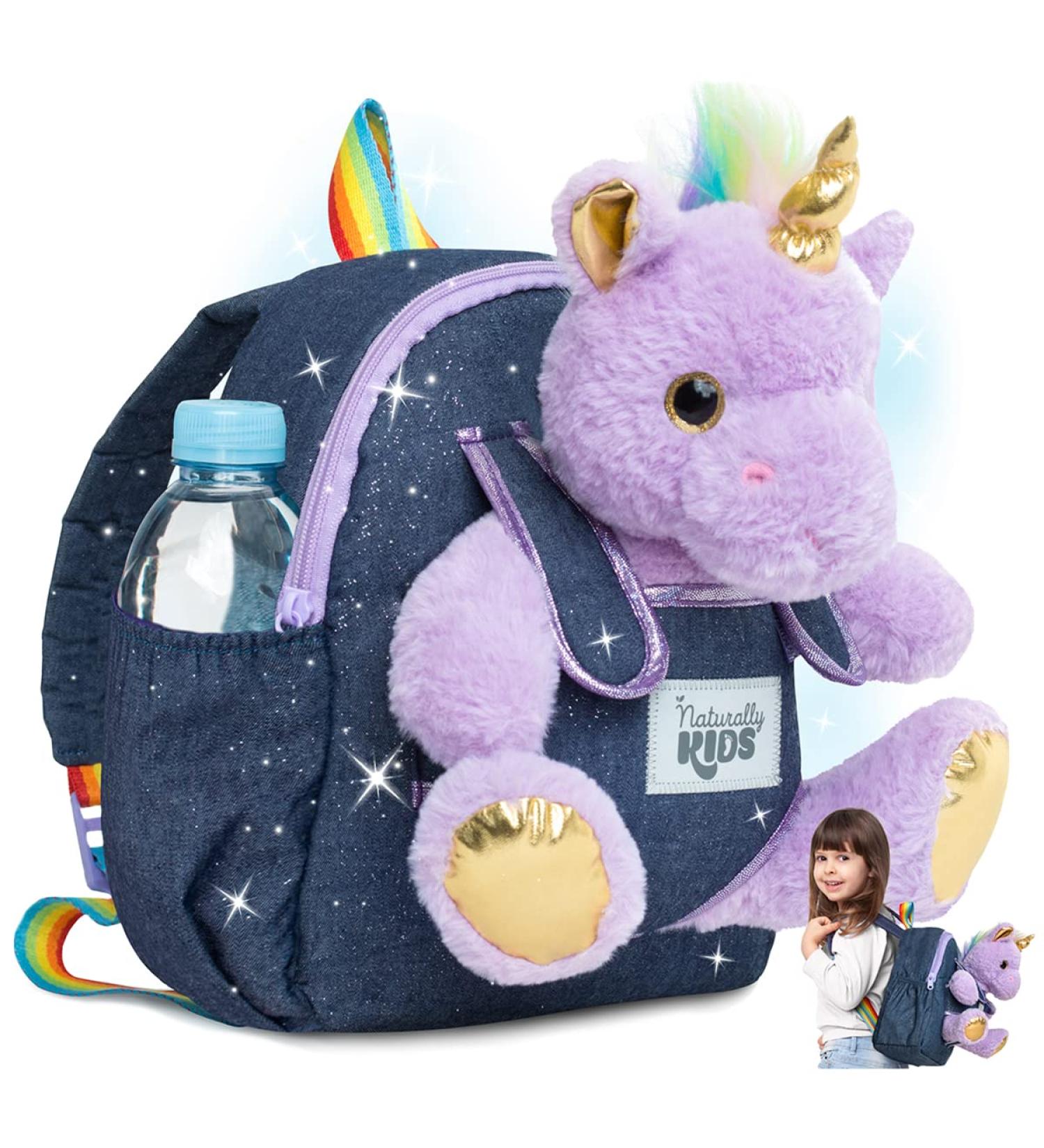 Naturally KIDS Small Unicorn Backpack for 3-4 Year Old Girls - Purple Toddler Backpack with Stuffed Animal - Perfect Gift for Girls - Includes Pockets & Reflective Logo - Buy Online on GoSupps.com