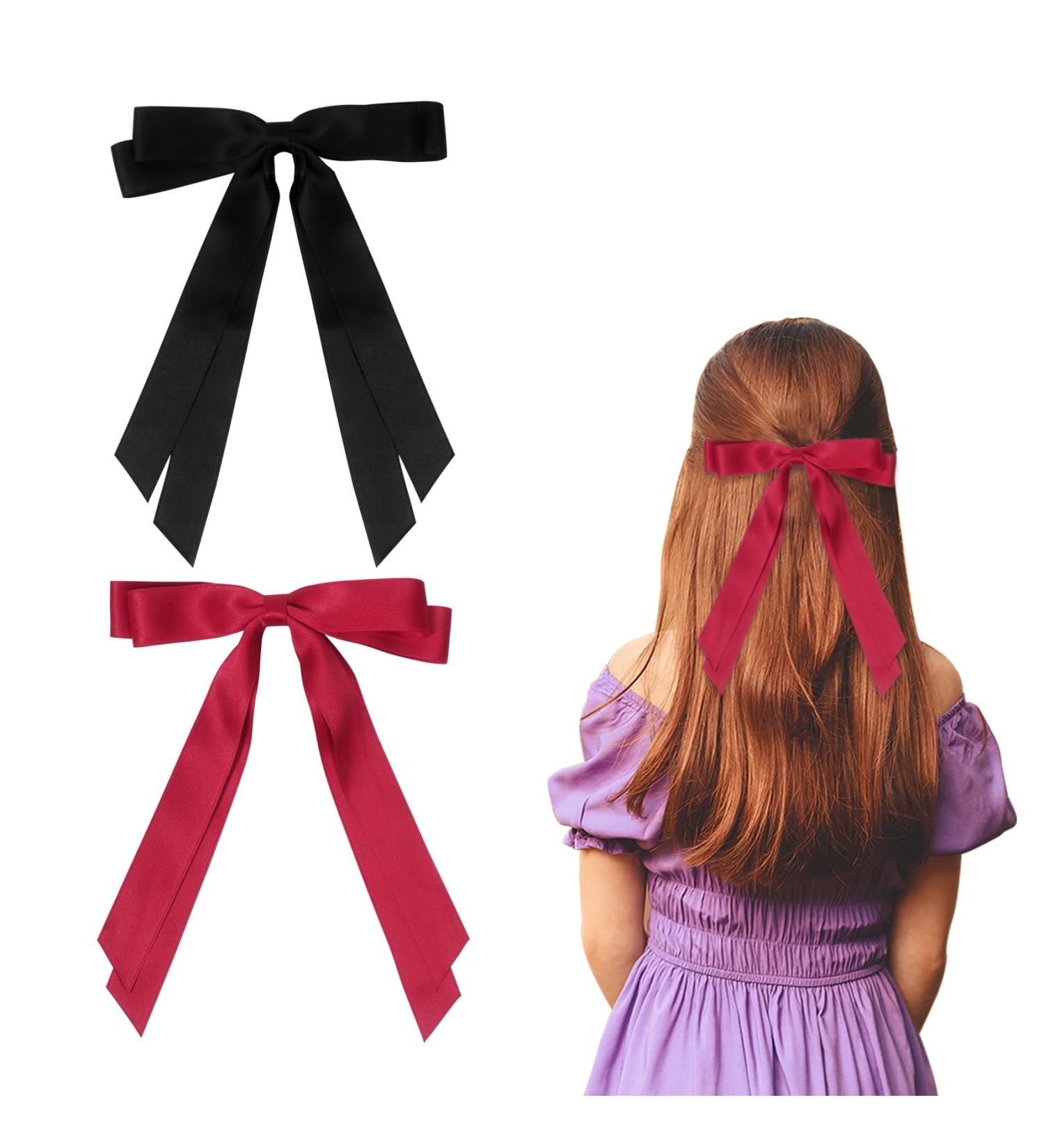2 Pack Hair Bows for Women Black Bow Hair Clips French Barrette with Long Silky Satin Hair Ribbons for Women Girls(Black Red) - Buy Online on GoSupps.com