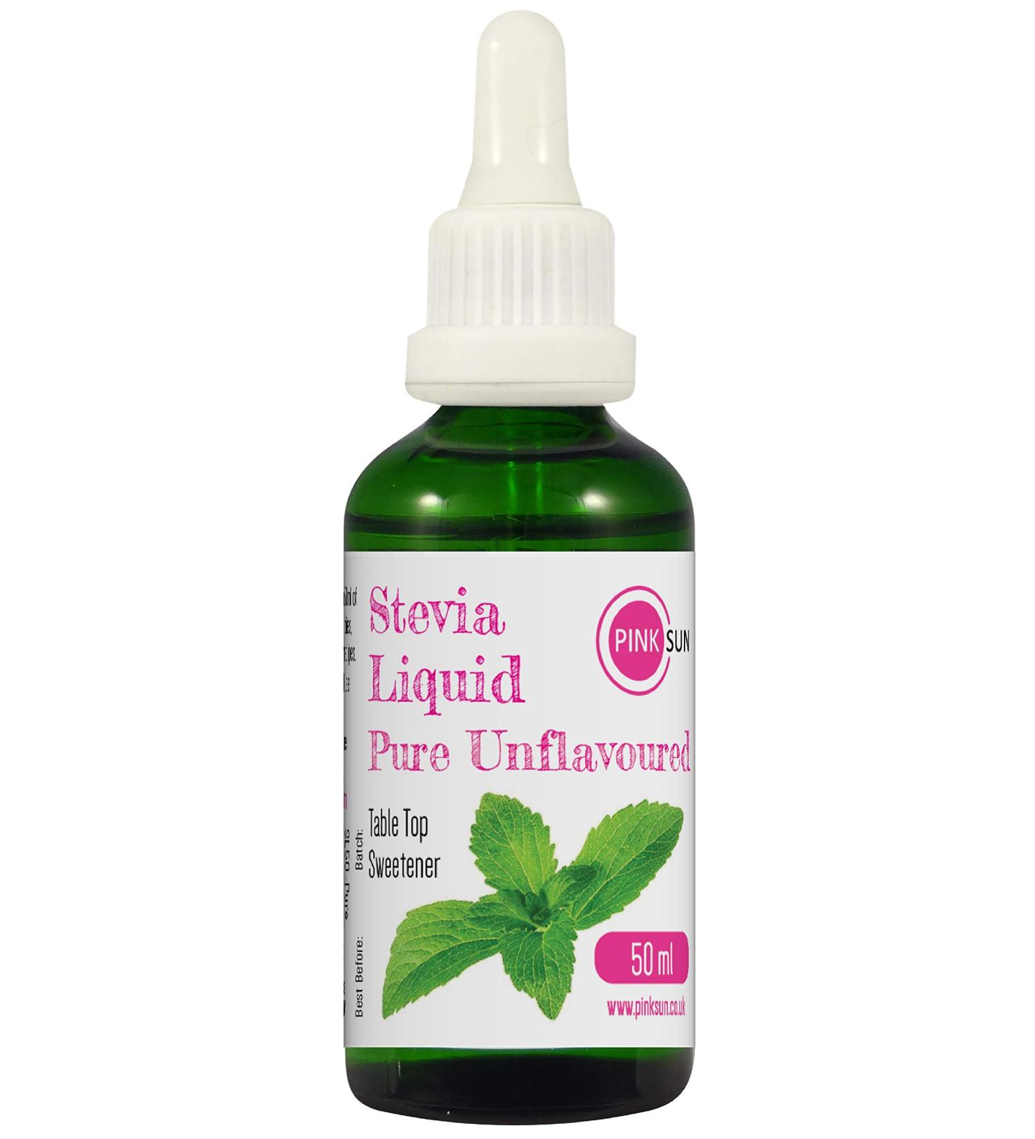PINK SUN Stevia Liquid Pure Sweetener Drops 50ml Unflavoured Neutral (or Vanilla Strawberry Coconut Caramel Flavour) Natural Sugar Alternative Replacement Low Carb Alcohol Free Zero Calories Pure Unflavoured - Buy Online on GoSupps.com