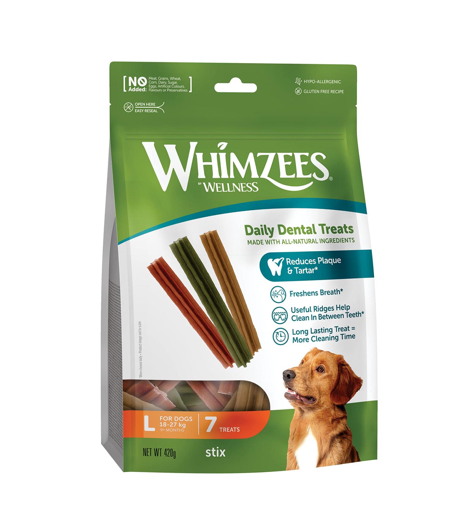 Whimzees by Wellness Stix - Natural Grain-Free Dental Care Snacks for Large Dogs 7 Pieces (420g) | Premium Couch Sticks - Buy Online on GoSupps.com