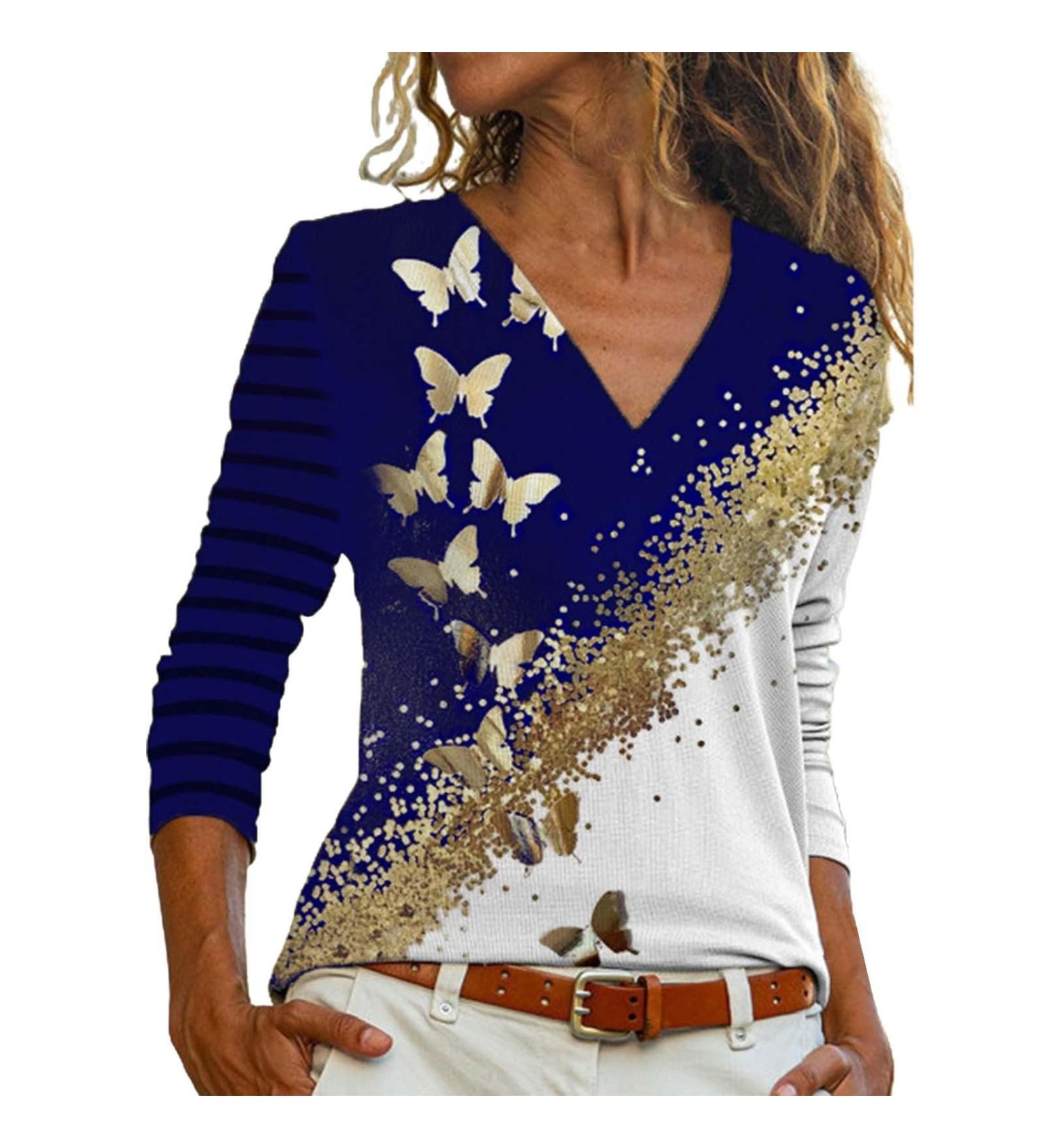 Fashionable Women's Sweater Dress - Casual V-Neck T-Shirt Butterfly Print Long Sleeves Summer Size 42 Blue XXL - International Shipping - Buy Online on GoSupps.com