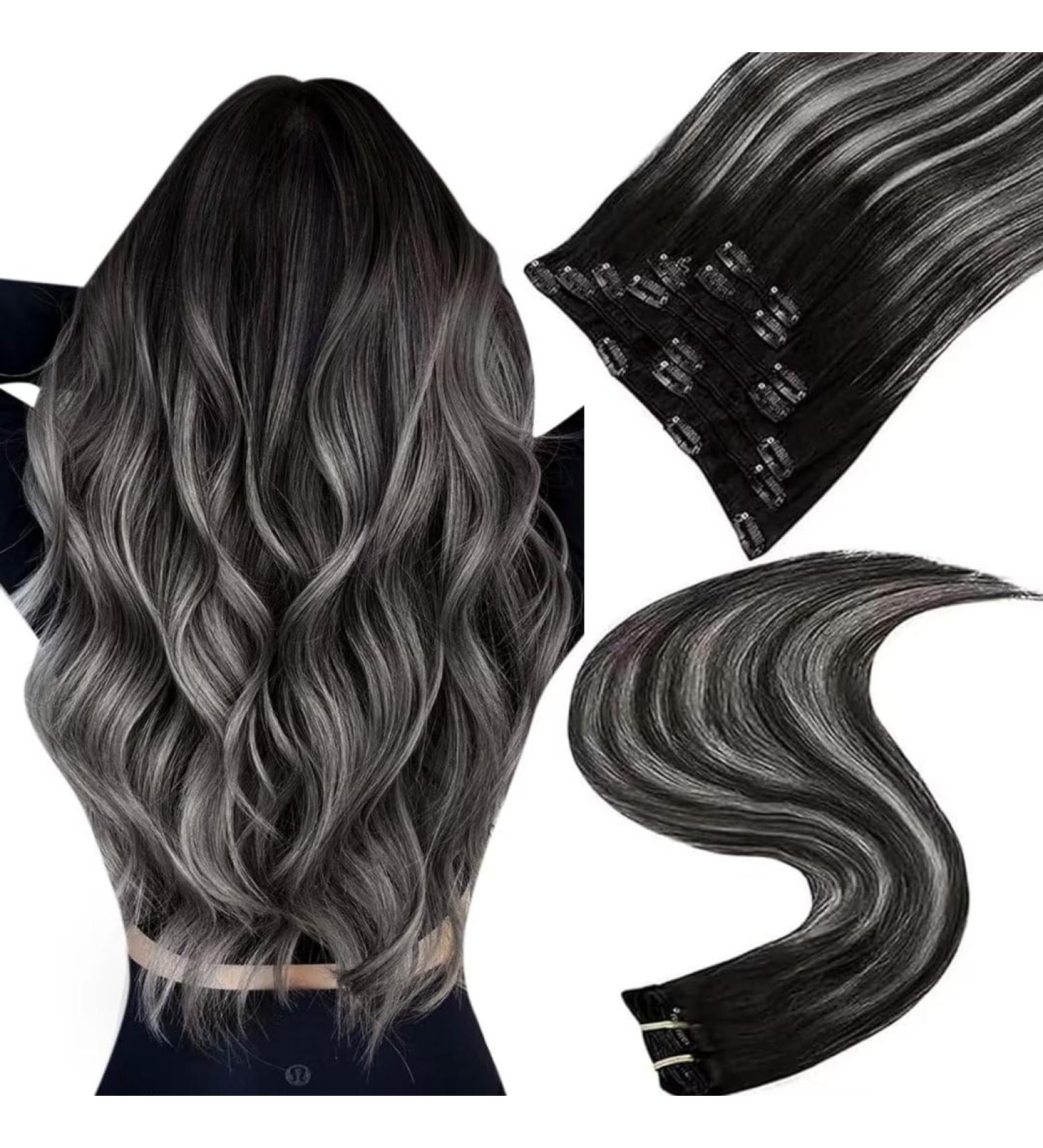 Easyouth Real Hair Clip in Extensions - Black to Silver Balayage Human Hair 18 Inch 7Pcs 120g - Buy Online on GoSupps.com