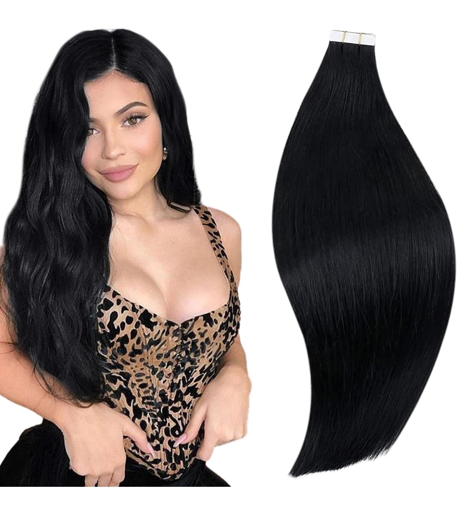 RUNATURE 28 Inch Black Tape in Human Hair Extensions - Remy Straight 50g 1-Tape #1 - Buy Online on GoSupps.com