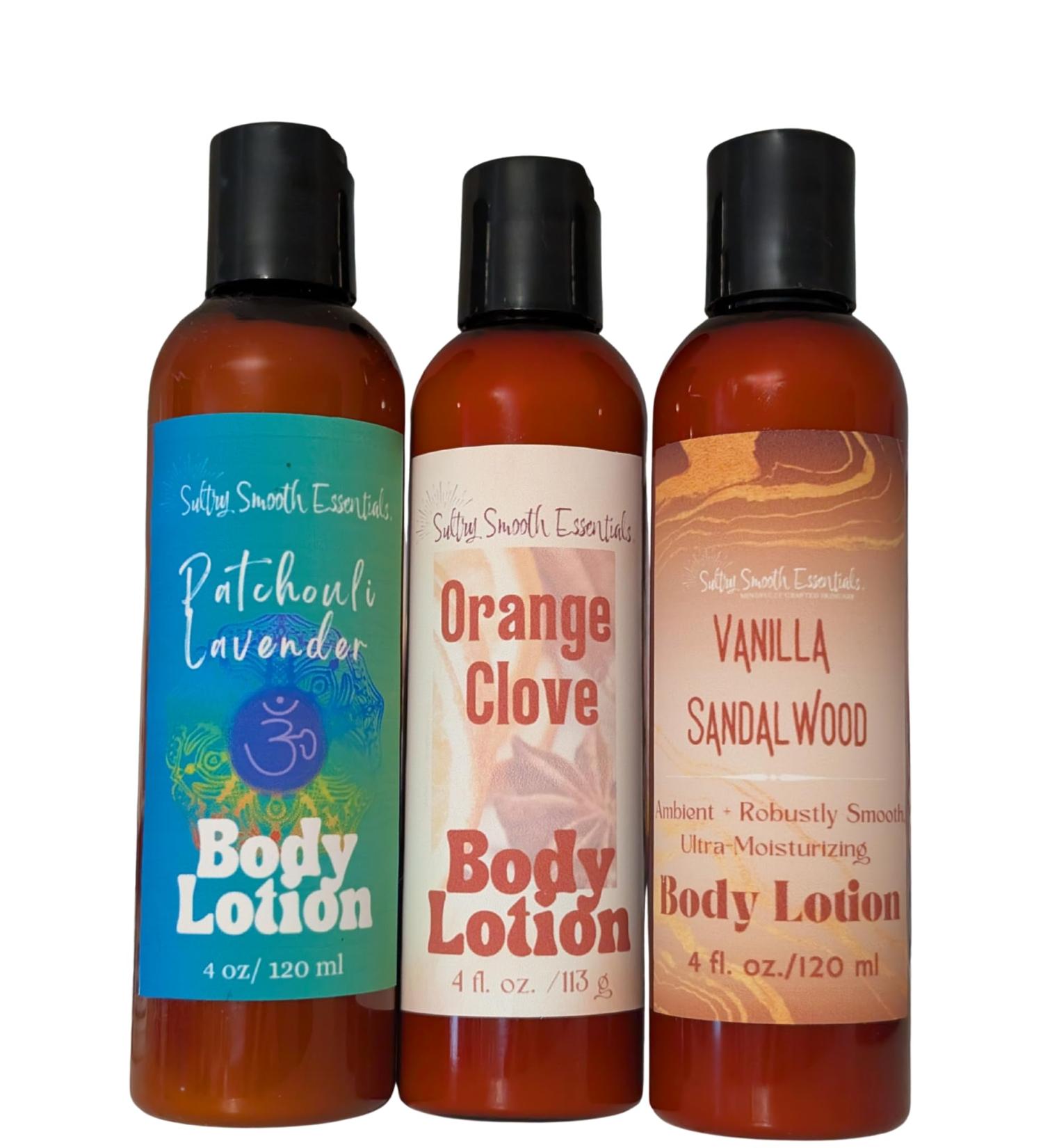 SultrySmooth Essentials Autumn Equinox Moisturizer Collection - Patchouli Lavender Orange Clove Vanilla Sandalwood (3 pack) made with Essential Oils (4 oz/113 g)