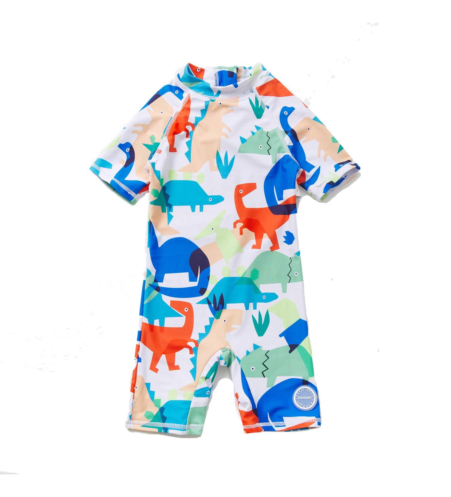 BONVERANO Baby Boys Swimsuit 18-24 Months - Short-Sleeve Zipper One Piece Swimwear with UPF 50+ Sun Protection - White Dinosaur Print - Buy Online on GoSupps.com