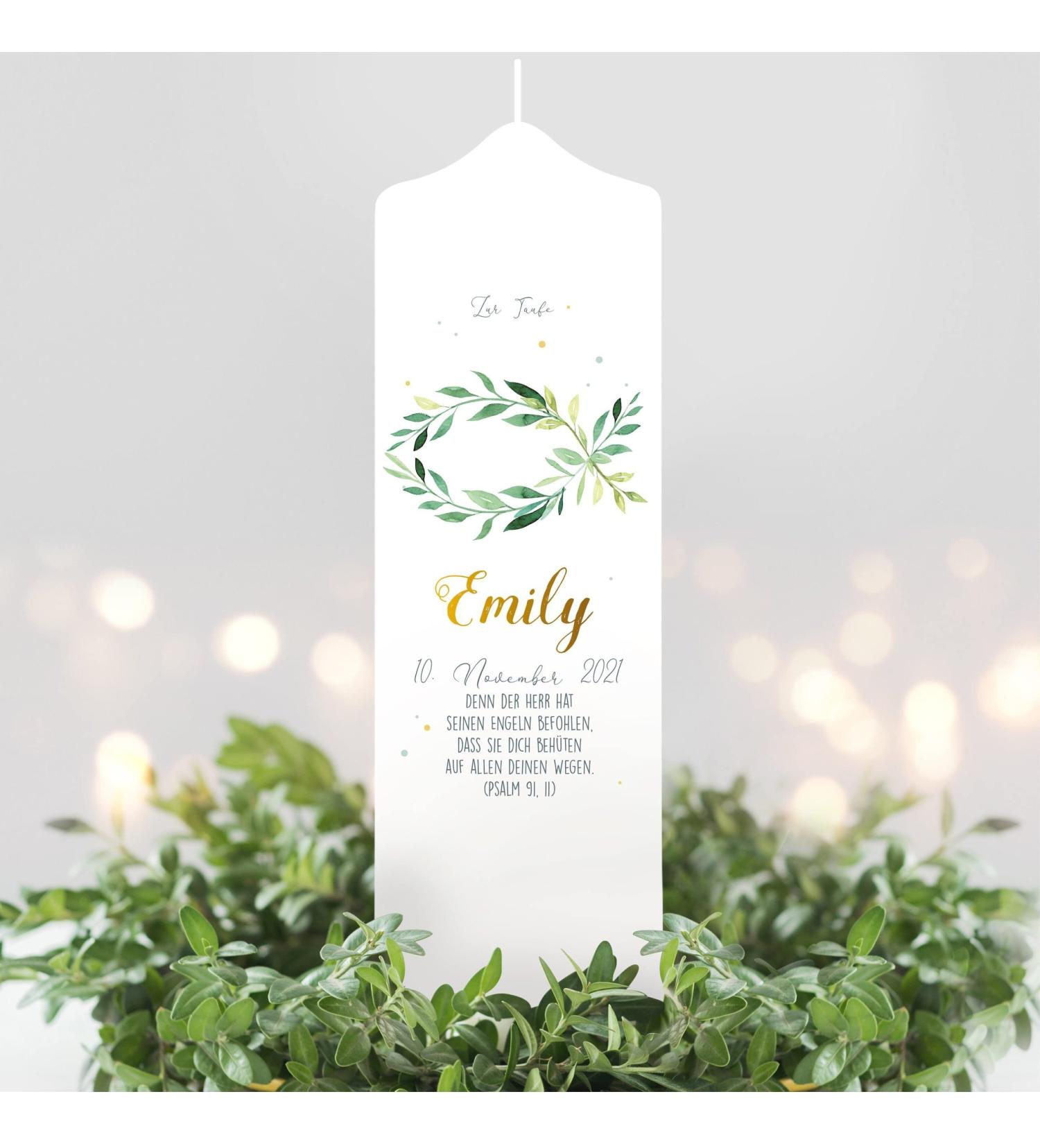 Personalized Wall Decal Baptism Candle for Boys - Fish Leaf Wreath Motif 25cm x 7cm | Unique Baptism Gift - Buy Online on GoSupps.com