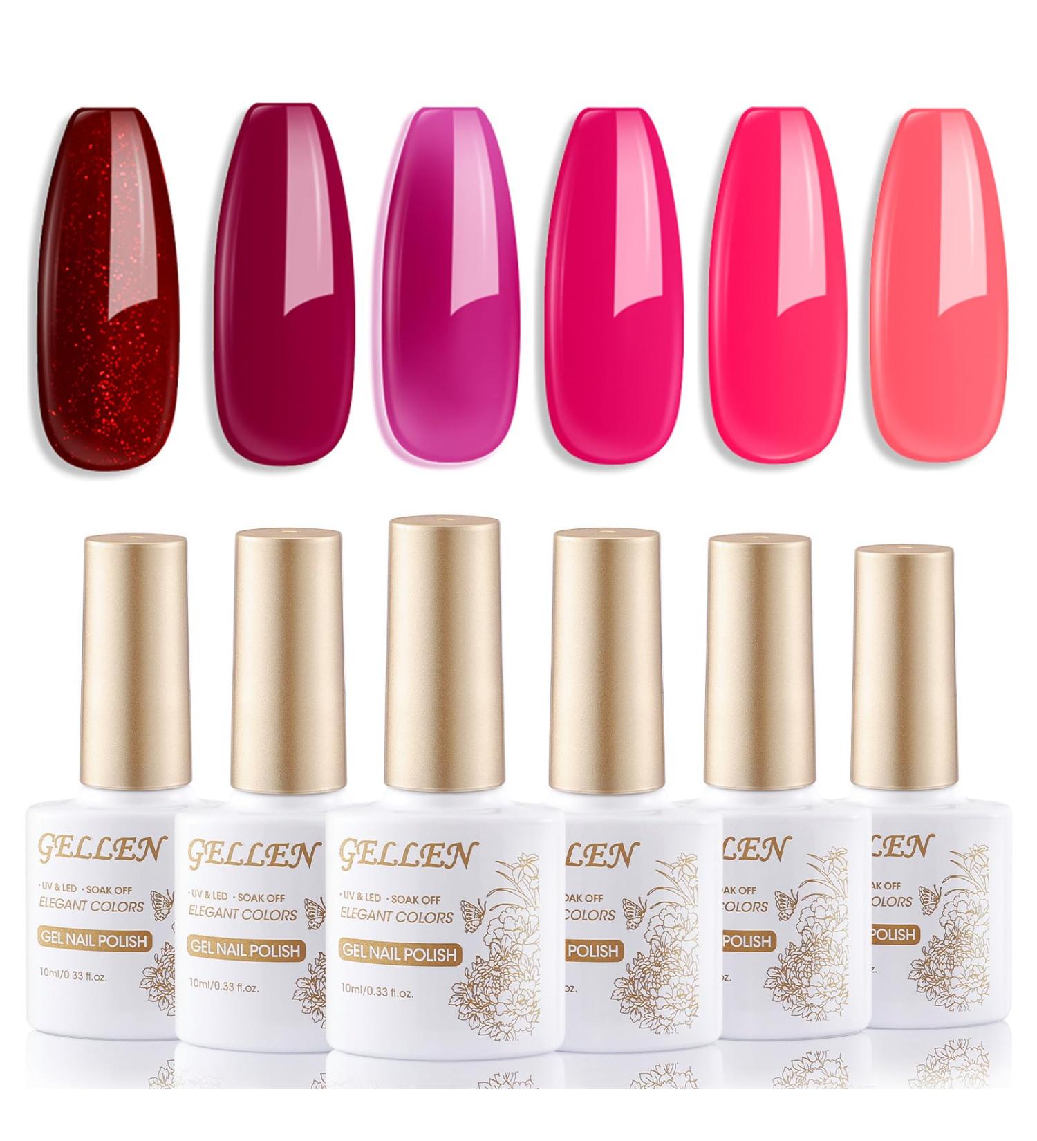 Gellen Red Gel Nail Polish Set 6 Colors 10 ML Pink Burgundy Glossy Shimmer Glitter Gel Polish Kit UV Soak Off UV Gel X Nail Art Manicure Salon DIY at Home Christmas Nails Gift Pink Red Carnival - Buy Online on GoSupps.com