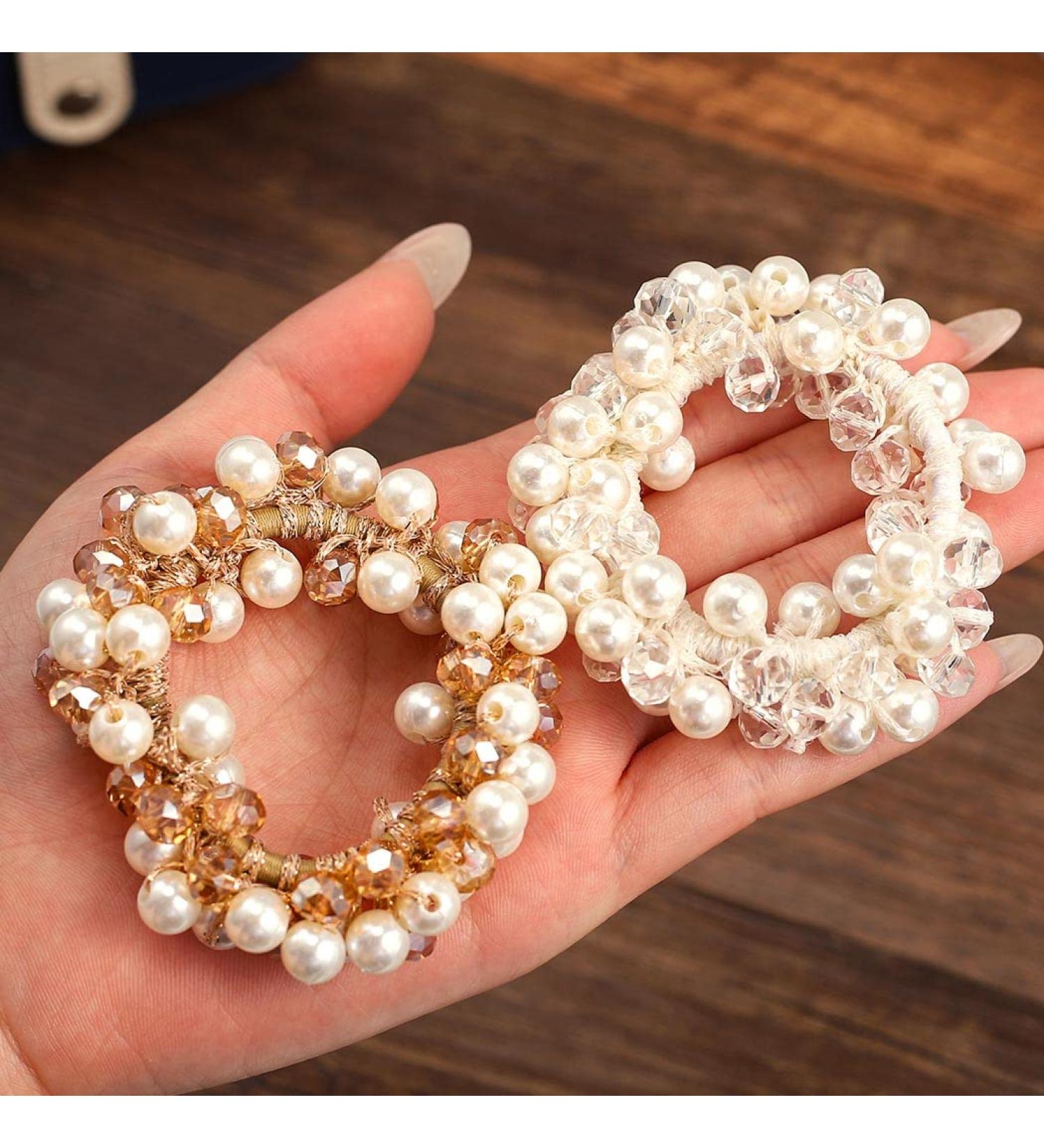 Brinie White Pearl Hair Ties - Pack of 2 Elastic Hair Bands with Rhinestone Ponytail Holder for Women and Girls - Buy Online on GoSupps.com