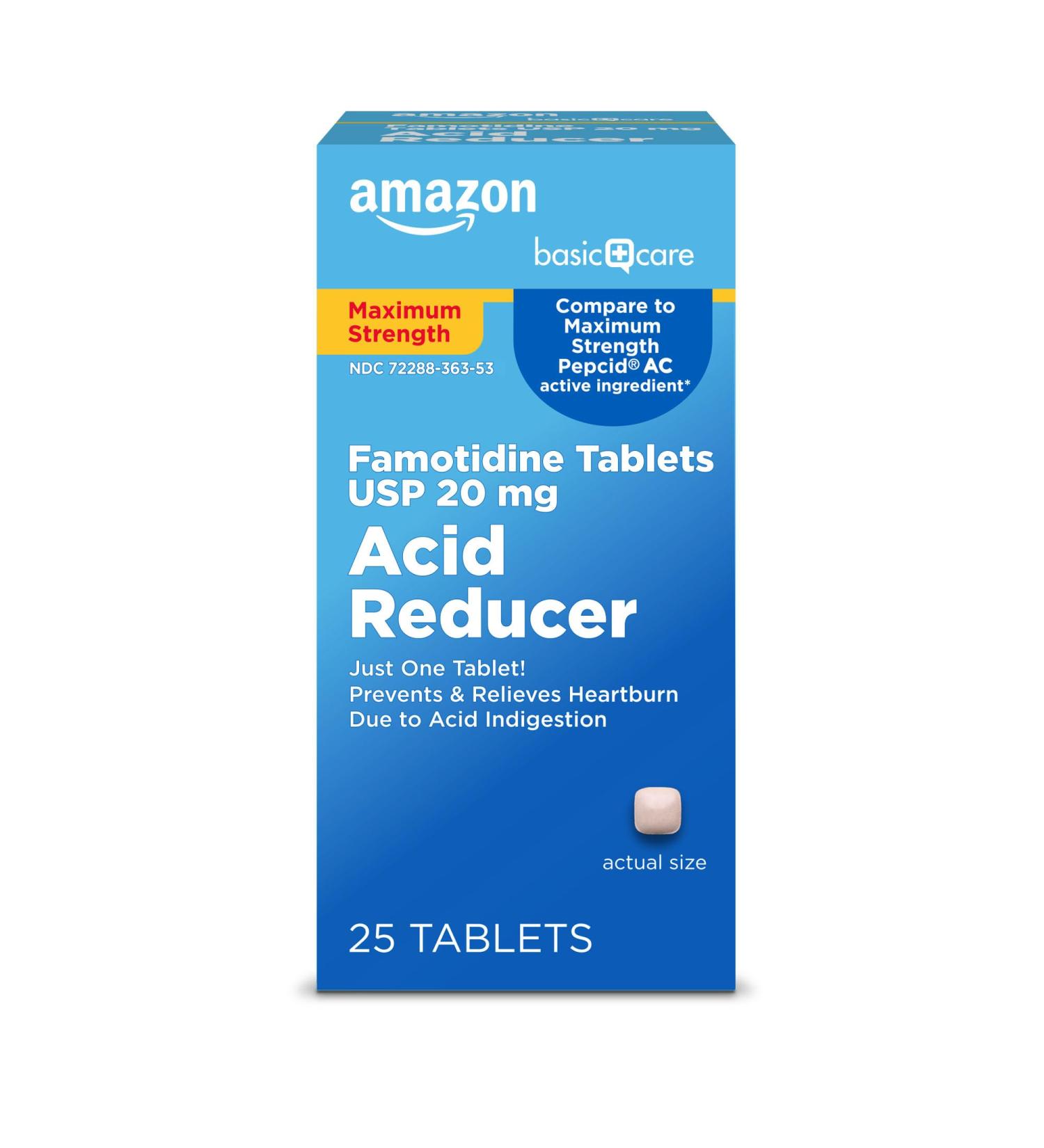 Amazon Basic Care Maximum Strength Famotidine Tablets 20 mg Acid Reducer for Heartburn Relief 25 Count (Packaging may vary) - Buy Online on GoSupps.com