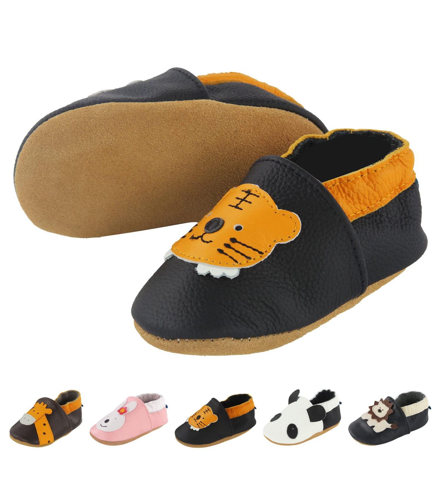 Soft Leather Baby Shoes for Boys and Girls | Non-Slip Rubber Soles | Tiger Design | 6-12 Months | Perfect First Walking Shoes - Buy Online on GoSupps.com