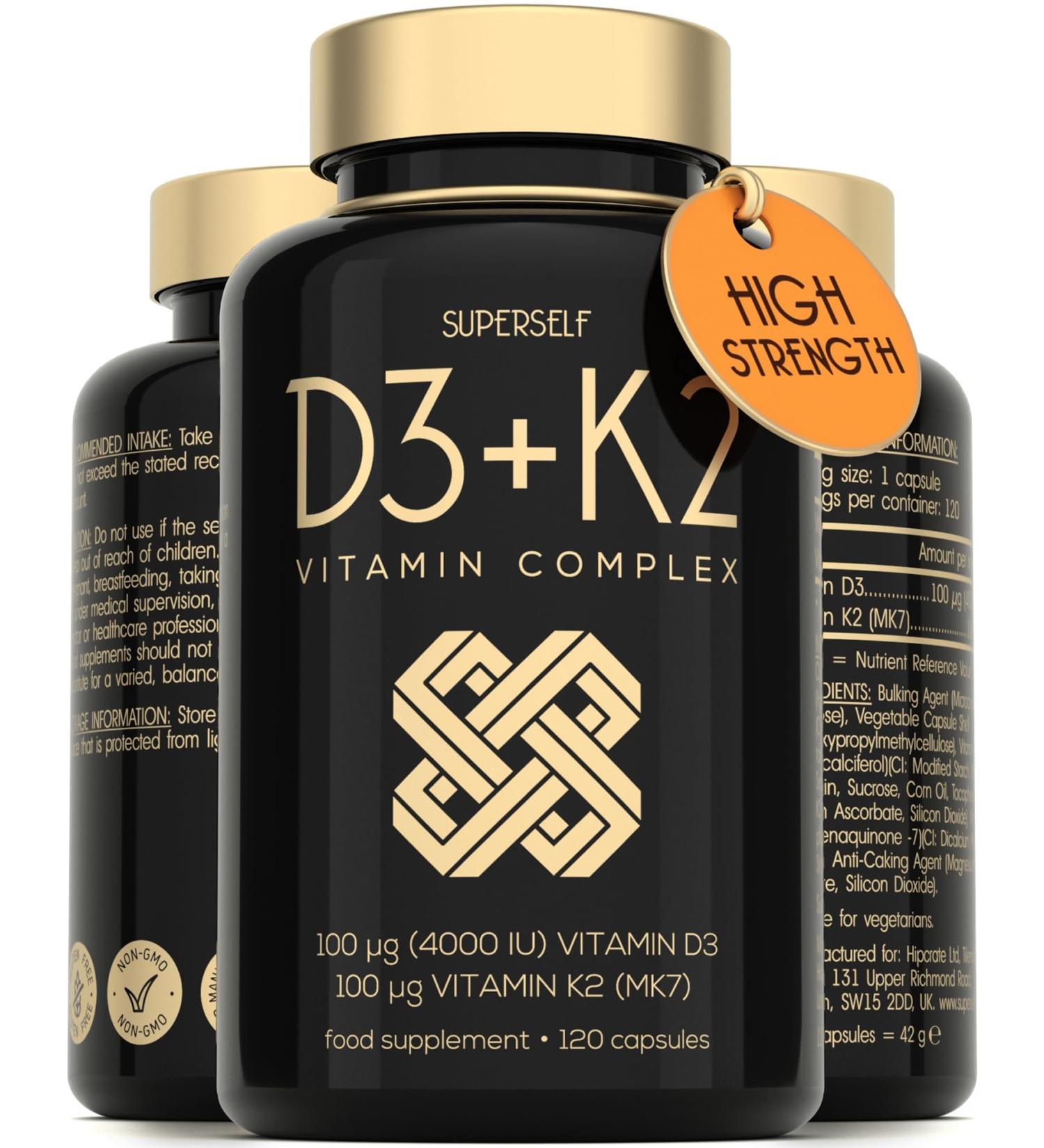 Vitamin D3 K2 Capsules - High Strength Vitamin D Tablets - 4000 IU VIT D & 100mcg VIT K MK7- UK Made Vegetarian D3 and K2 Vitamins Supplement for Strong Bones Teeth Immune System - 120 Capsules - Buy Online on GoSupps.com