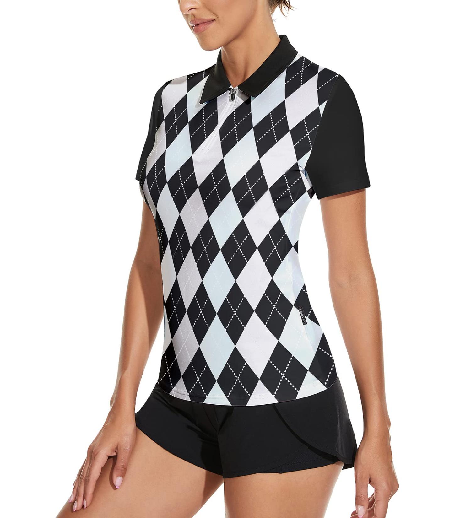 Soneven Women's Long Sleeve Golf Polo Shirt - Moisture Wicking, Quick Dry Half-Zip Pullover for Athletic Workouts - Black Plaid Design - Buy Online on GoSupps.com