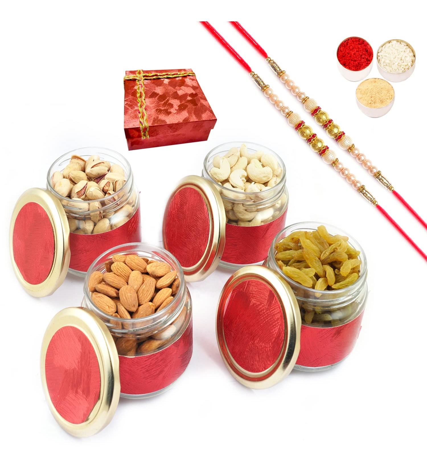 Ghasitaram Gifts Rakhi Gifts for Brothers Dryfruit - Red 4 Jars Dryfruit Box with 2 Pearl Rakhis - Buy Online on GoSupps.com
