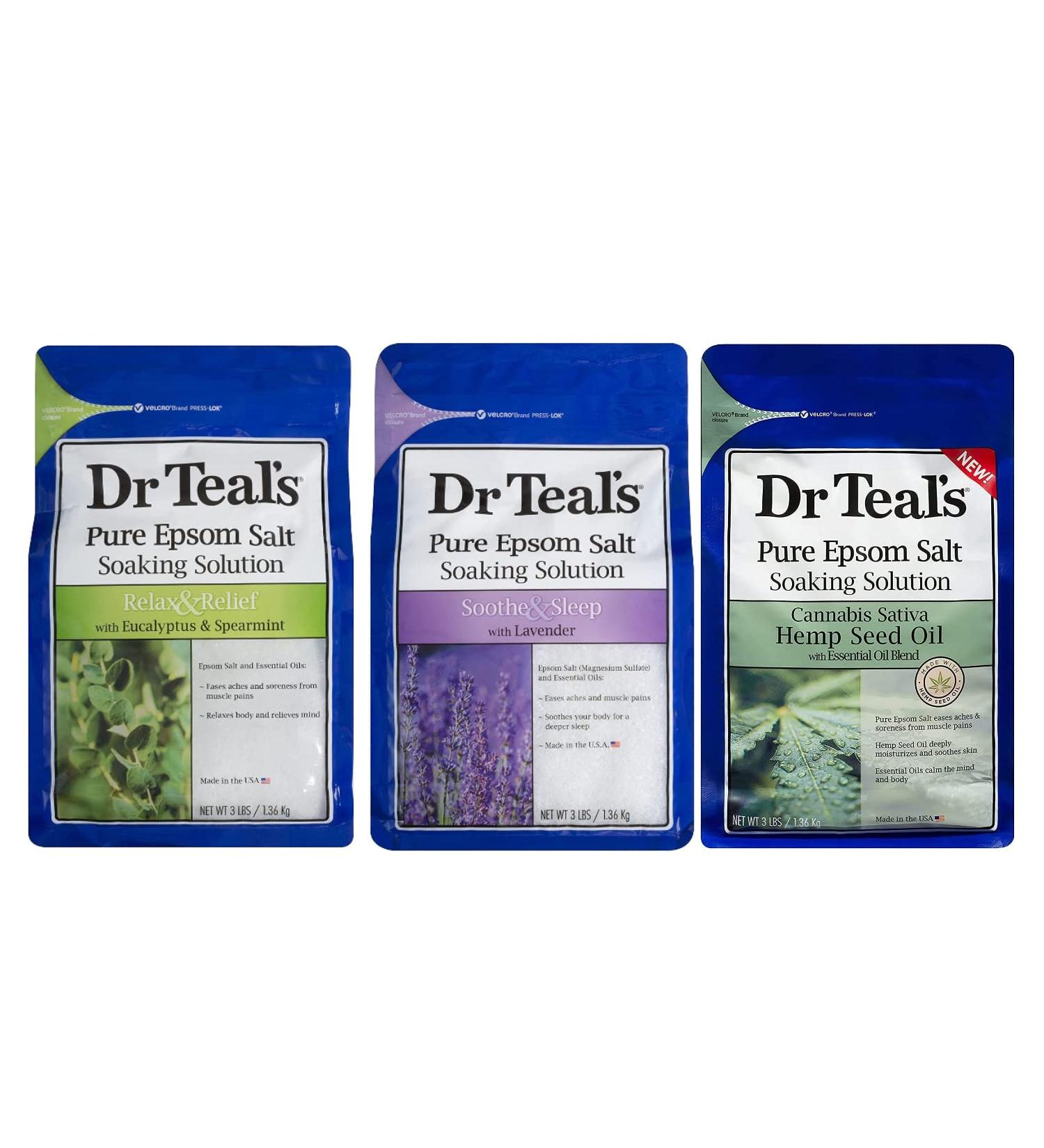 Dr Teal's Epsom Salt Bath Combo (3 Pack 9 lbs) - Relax & Relief with Eucalyptus Soothe & Sleep with Lavender and Hemp Seed Oil Epsom Salts - Bath Soaking Solution Combo Pack