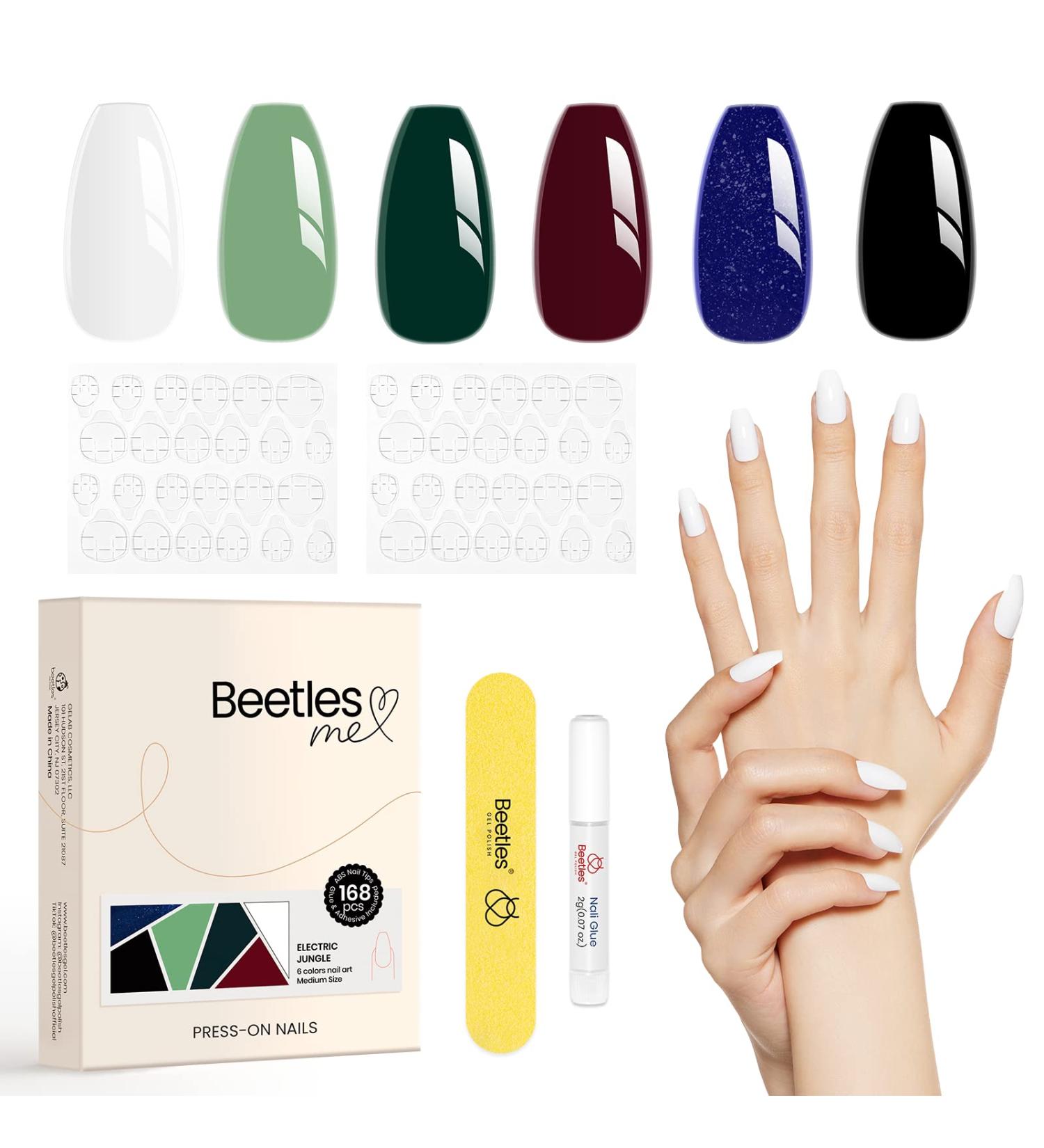 Beetles Press on Nails Short Glossy 6 Solid Colors - 144Pcs White Black Burgundy Red Green Fake Nails with Nail Glue, Adhesive Tabs, and Mini File - for Women and Girls - Buy Online on GoSupps.com