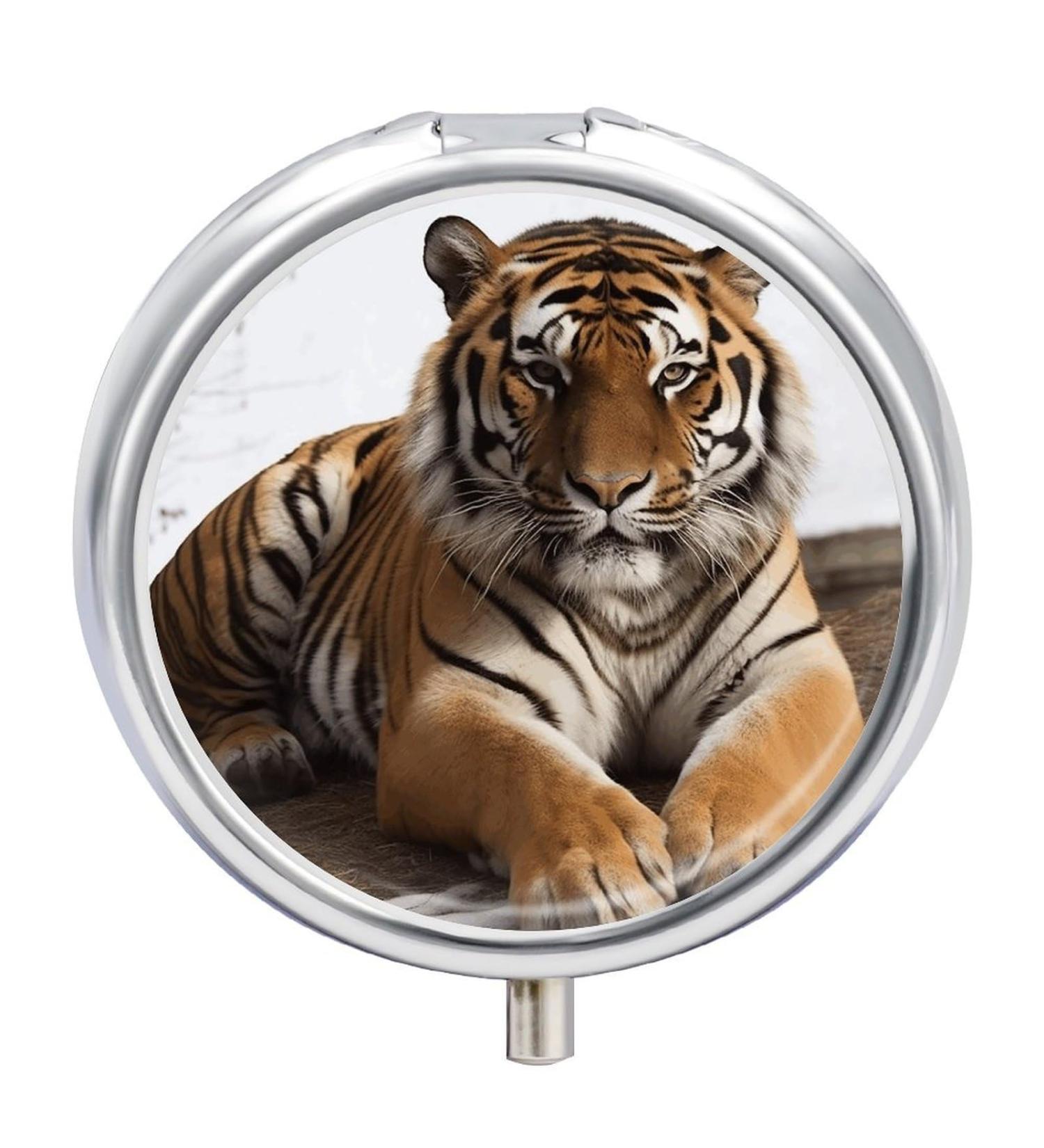 Round Tiger Print Pill Box - 3 Compartment Decorative Metal Organizer for Travel & Daily Use - Buy Online on GoSupps.com