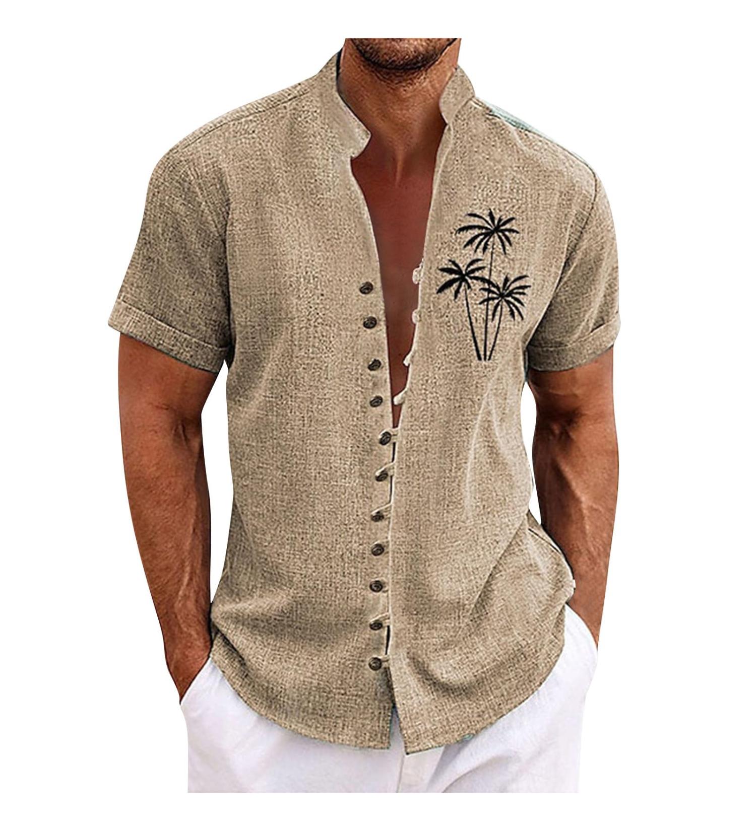 Rosennie Men's Hawaii Shirt - Stand-Up Collar Short Sleeve Button-Up Lightweight Oversized Beach T-Shirt in XXL Khaki for Summer Vacations - Buy Online on GoSupps.com