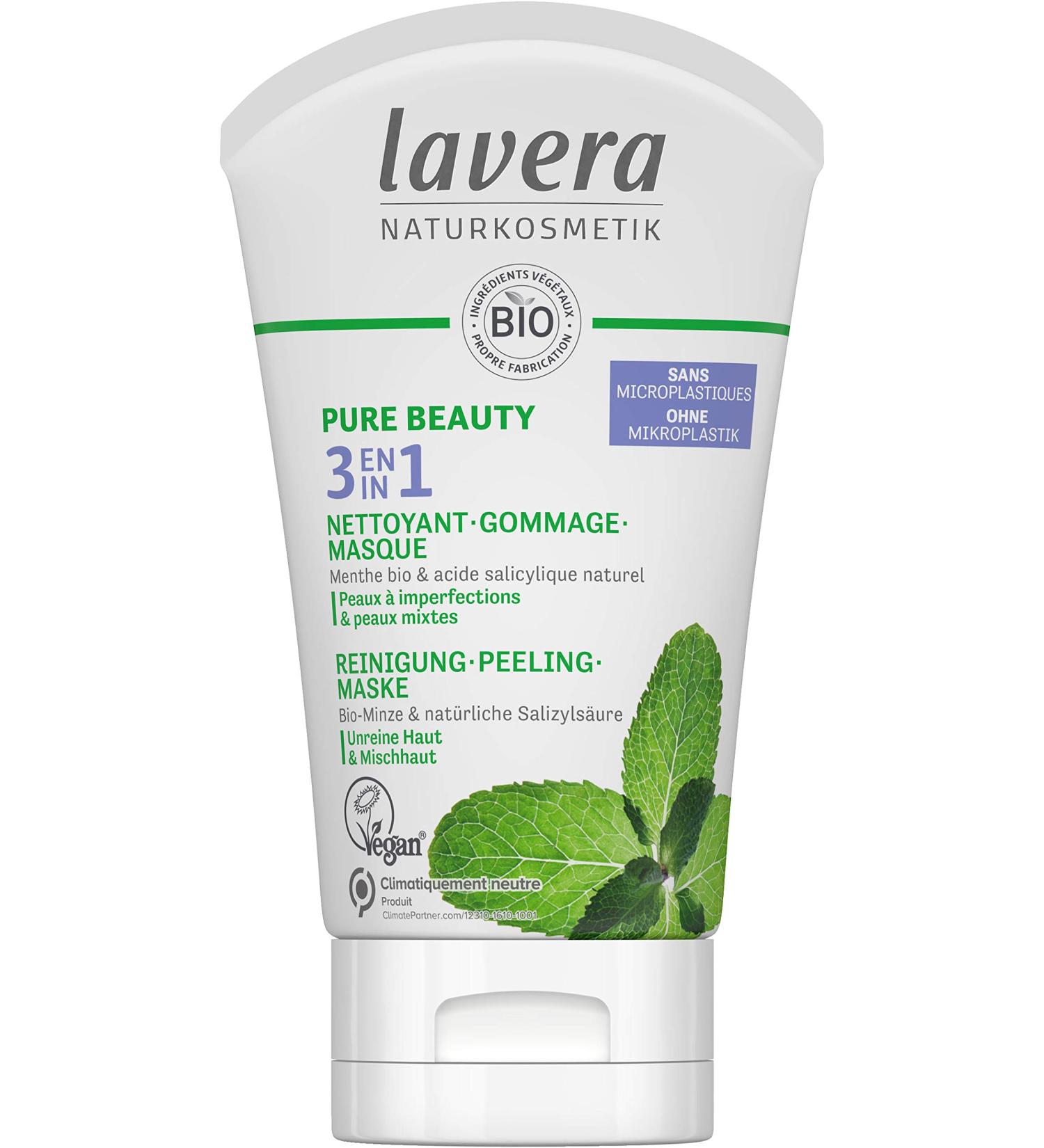 lavera PURE BEAUTY 3in1 Cleansing Peeling Mask - organic mint & natural salicylic acid - cleanses pores - fights impurities - mattifies - vegan - organic (1 x 125 ml) - Buy Online on GoSupps.com