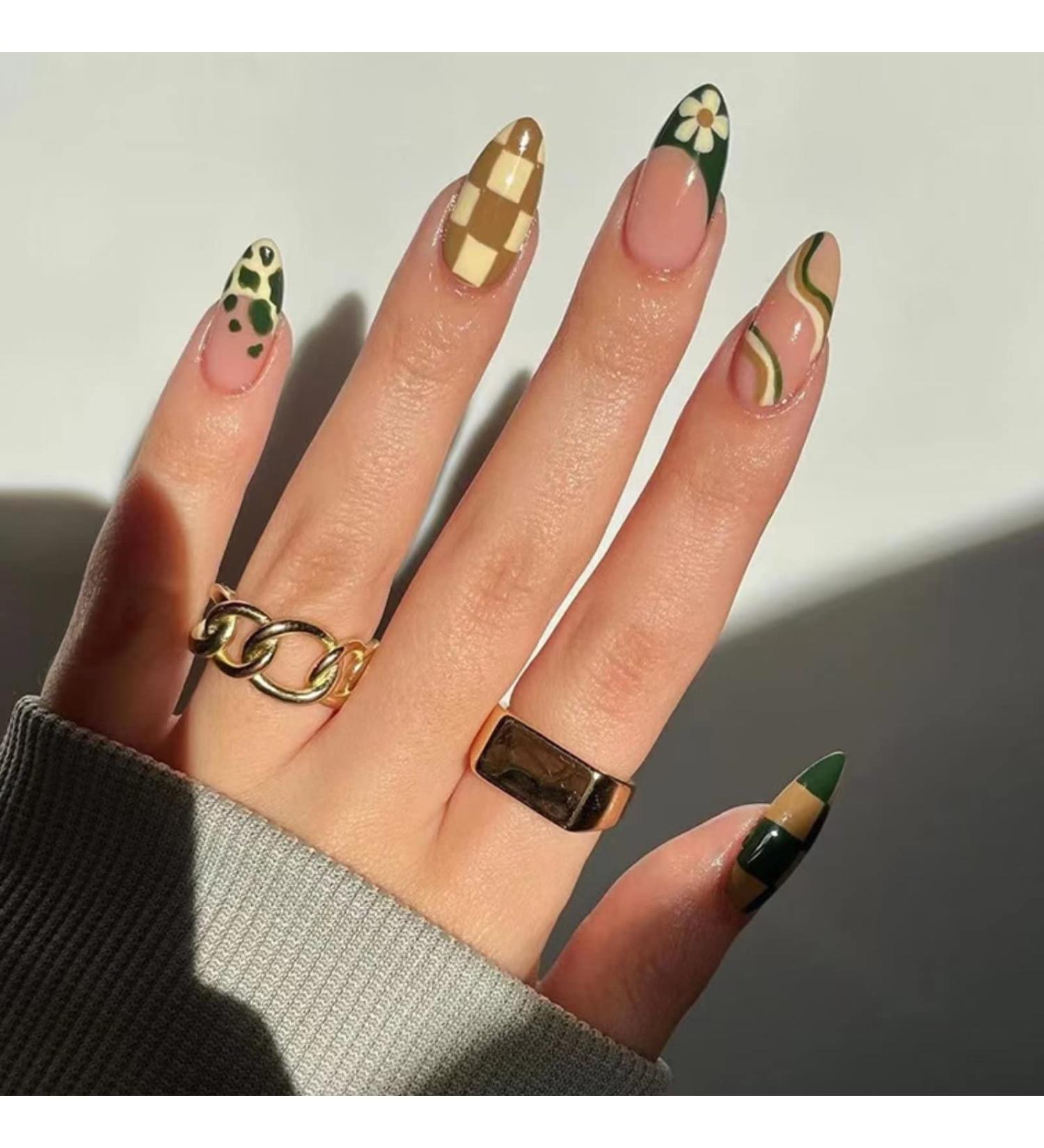 Dark Green Checkerboard & Swirl Oval Press on Nails Set - 24Pcs Acrylic False Fingers for Women Girls - Buy Online on GoSupps.com