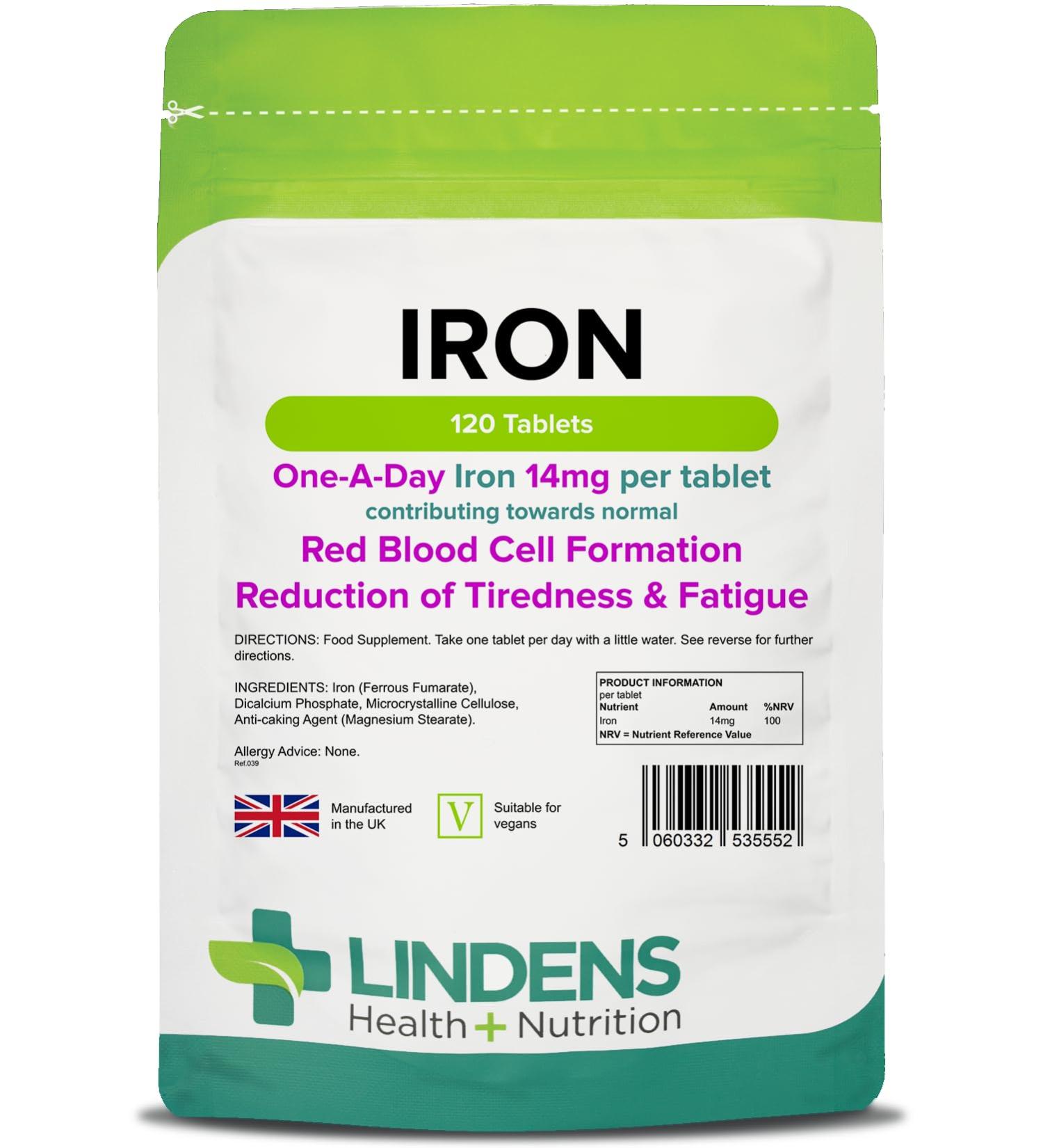 Lindens Iron 14mg Vegan Tablets - Boost Energy & Combat Fatigue - Healthy Red Blood Cells - Normal Oxygen Transport - 120 Tablets (4 Months Supply) - Buy Online on GoSupps.com