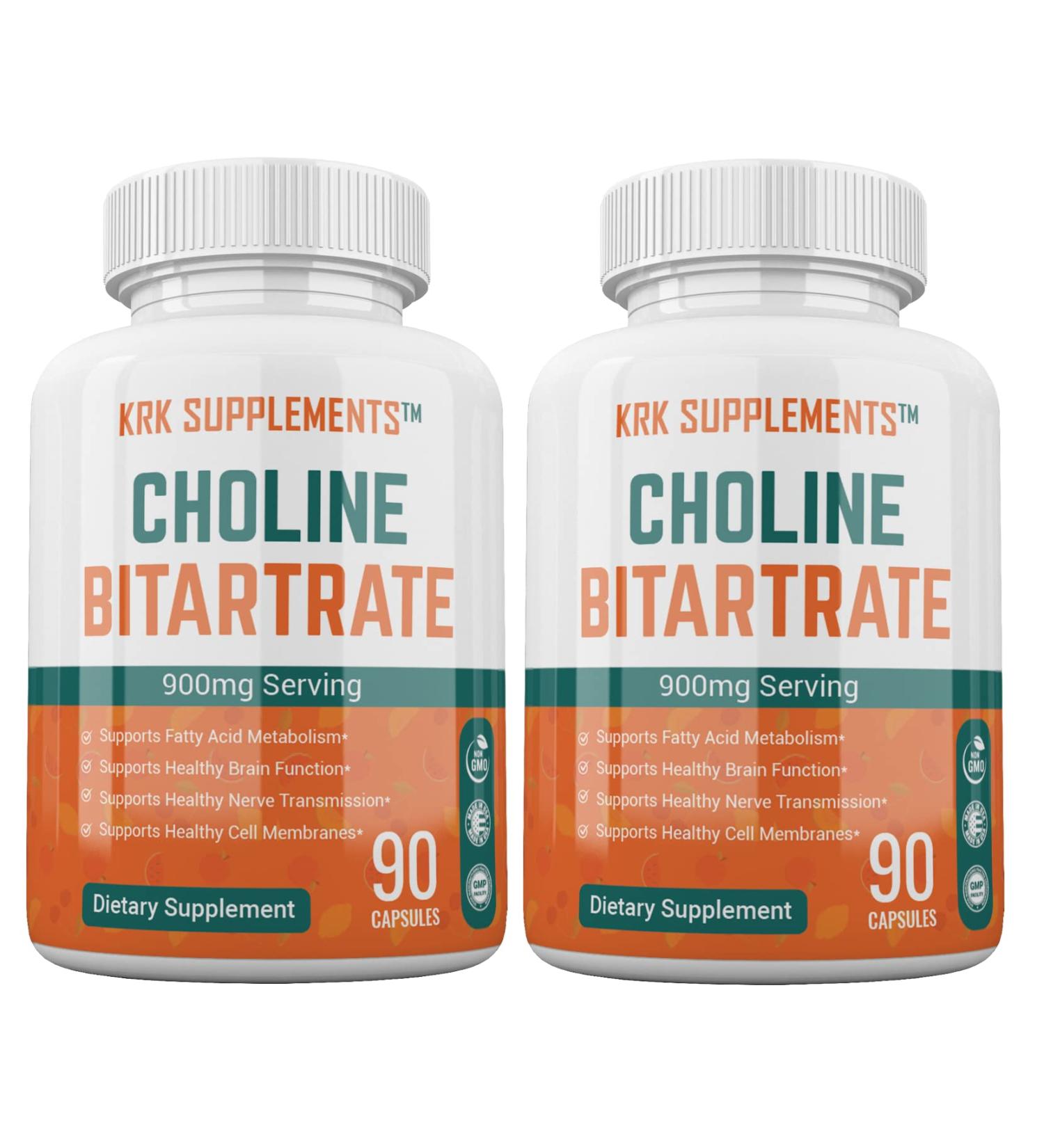 Choline Bitartrate 900mg x 2 Bottles | 180 Capsules | KRK Supplements - Buy Online on GoSupps.com